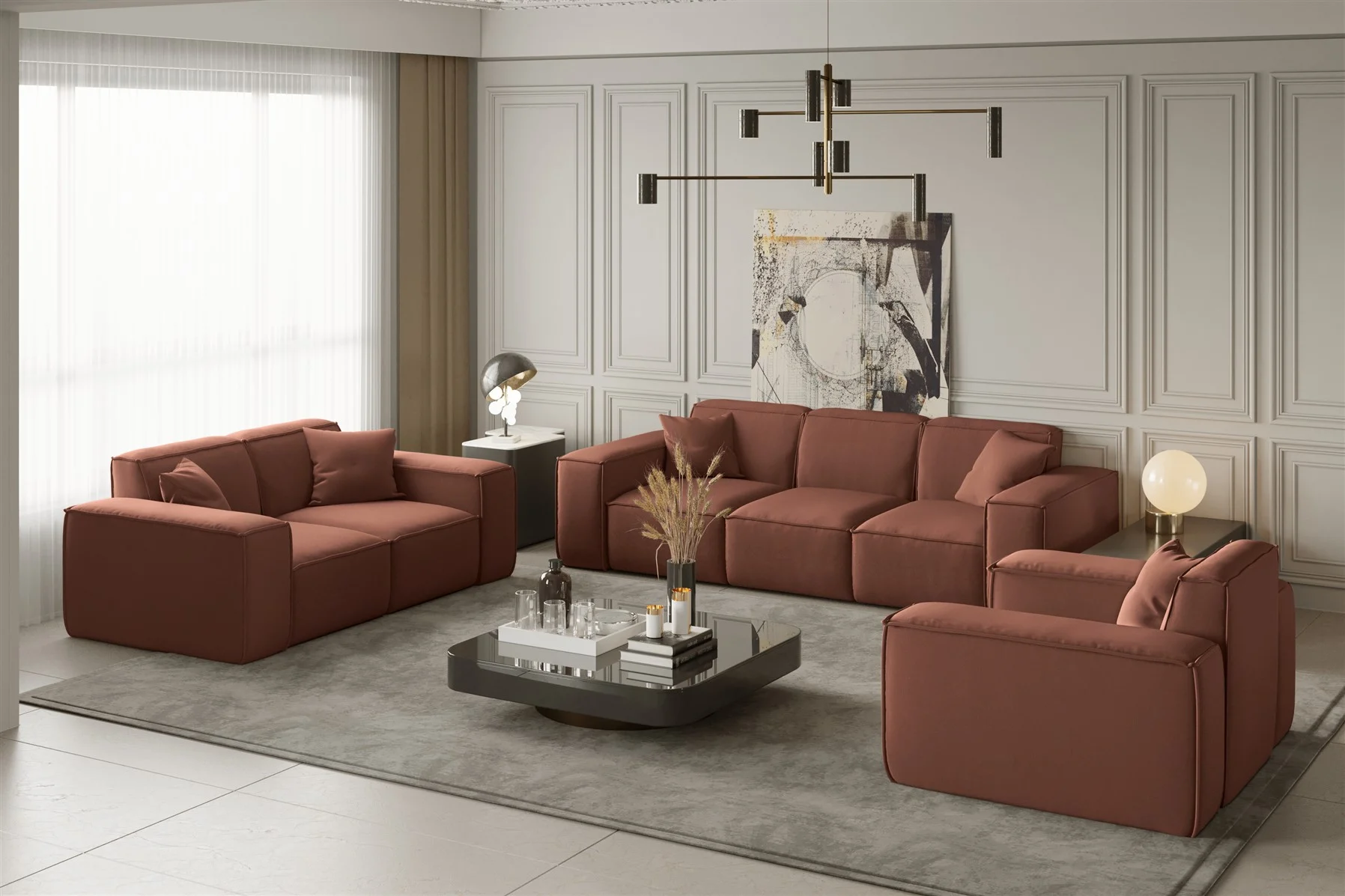 Sofaset Designersofa CELES 3-2-1 in Stoff Opera Velvet Kupferbraun