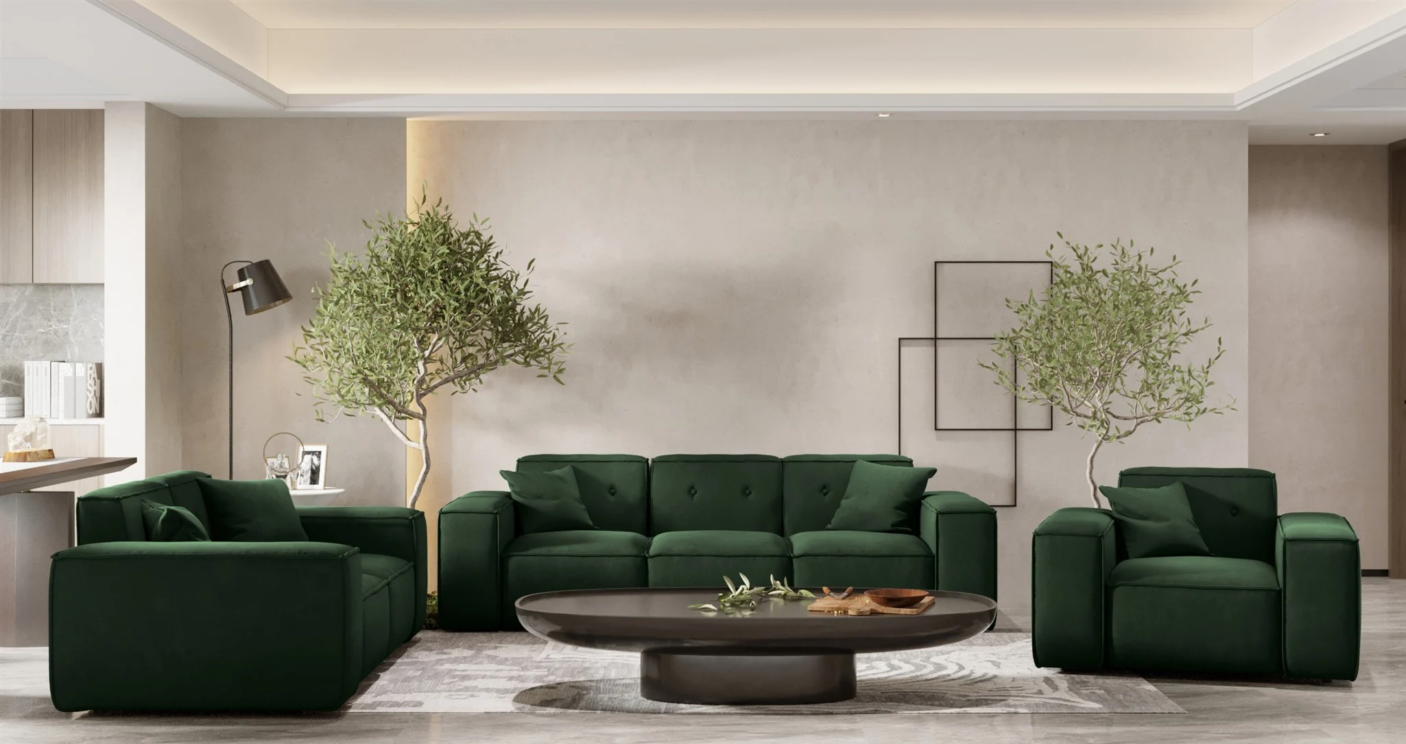 Sofaset Designersofa CESINA 3-2-1 in Stoff Opera Velvet Dunkelgrün
