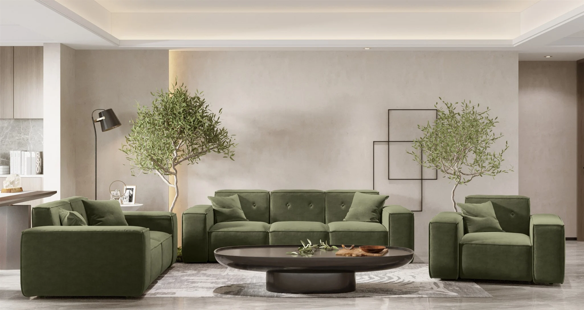 Sofaset Designersofa CESINA 3-2-1 in Stoff Perfect Harmony Waldgrün
