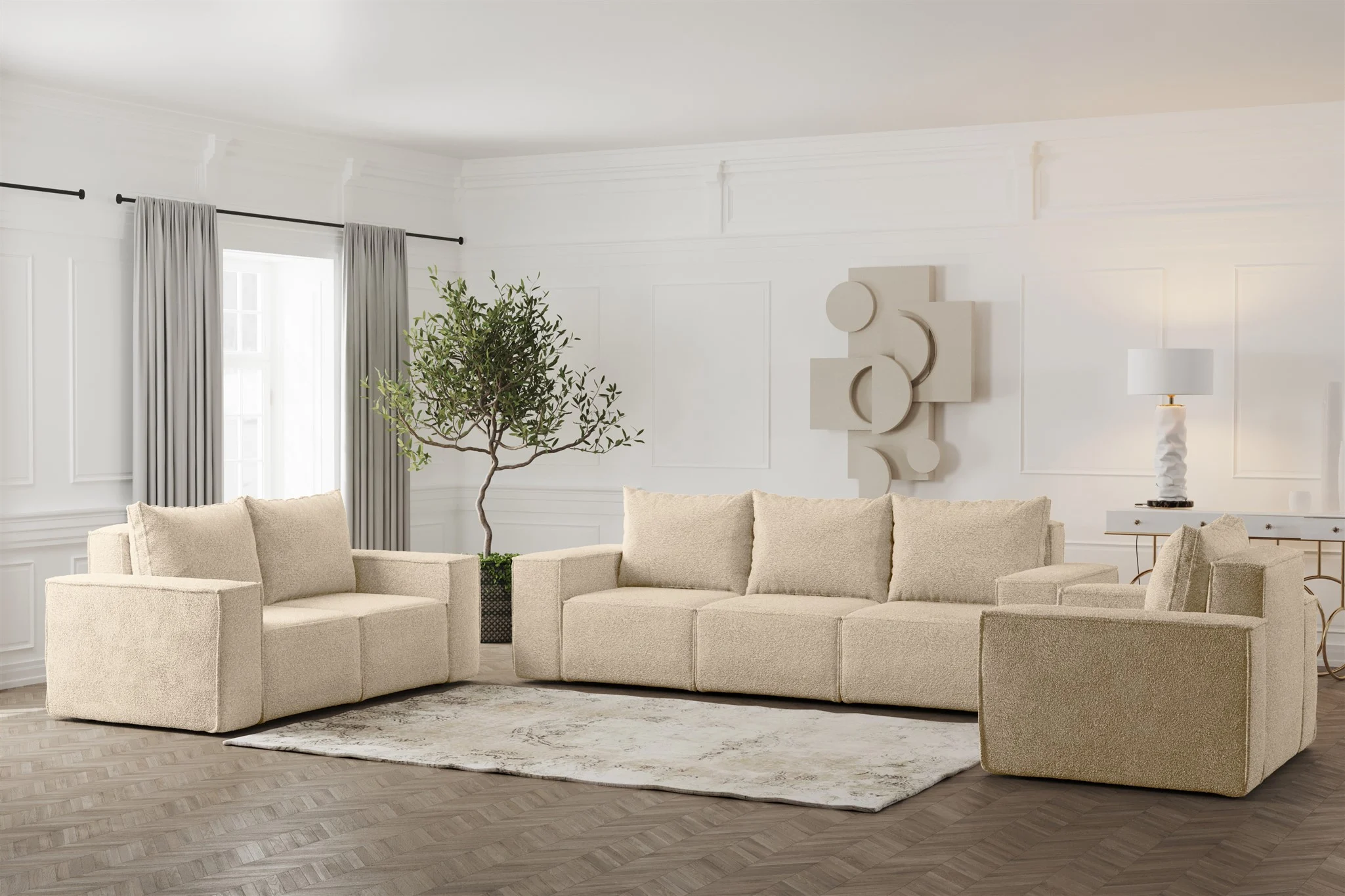 Sofaset Designersofa ESTELLE 3-2-1 in Stoff Abriamo Beige