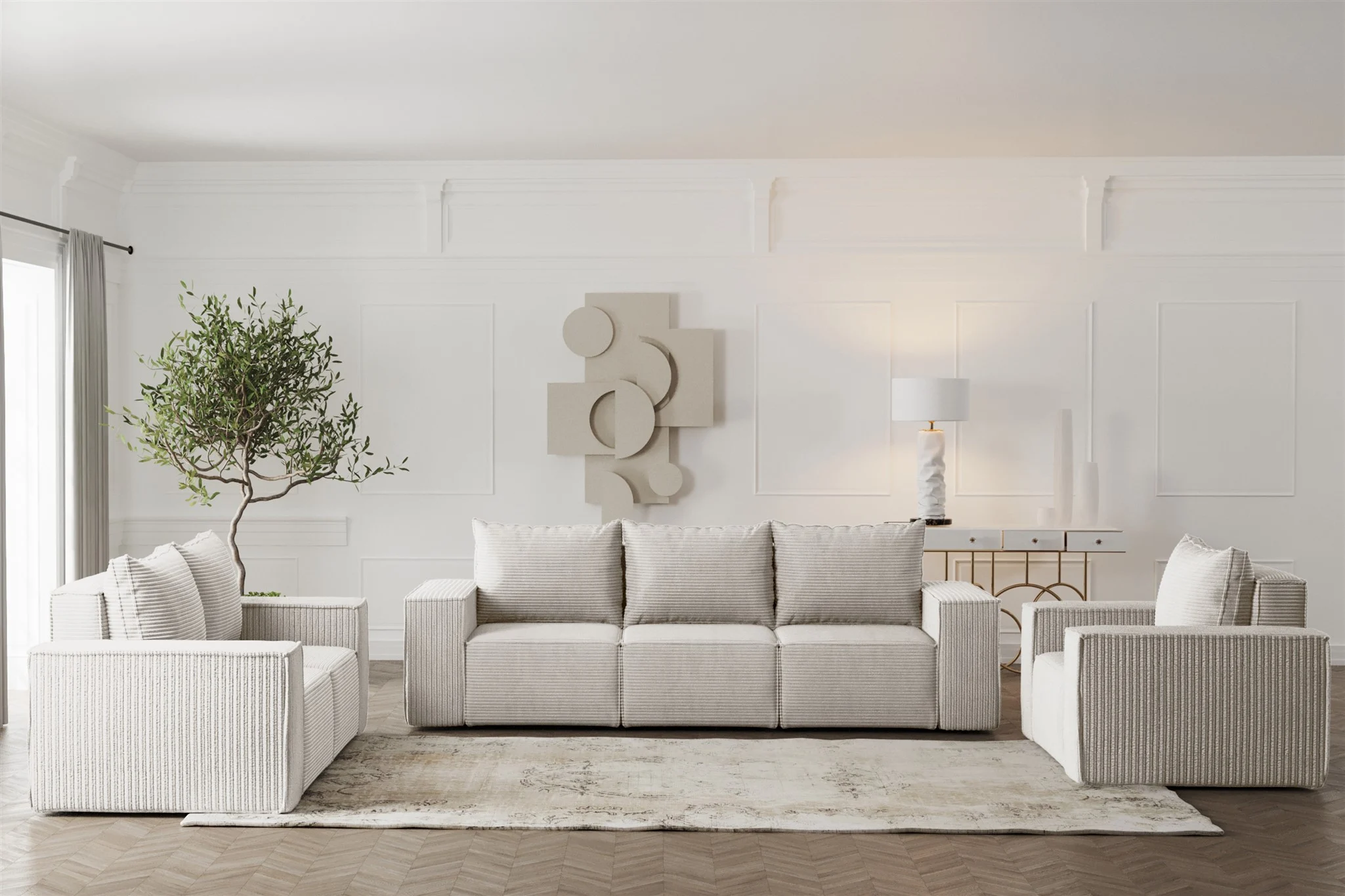 Sofaset Designersofa ESTELLE 3-2-1 mit Schlaffunktion in Stoff Poso Creme