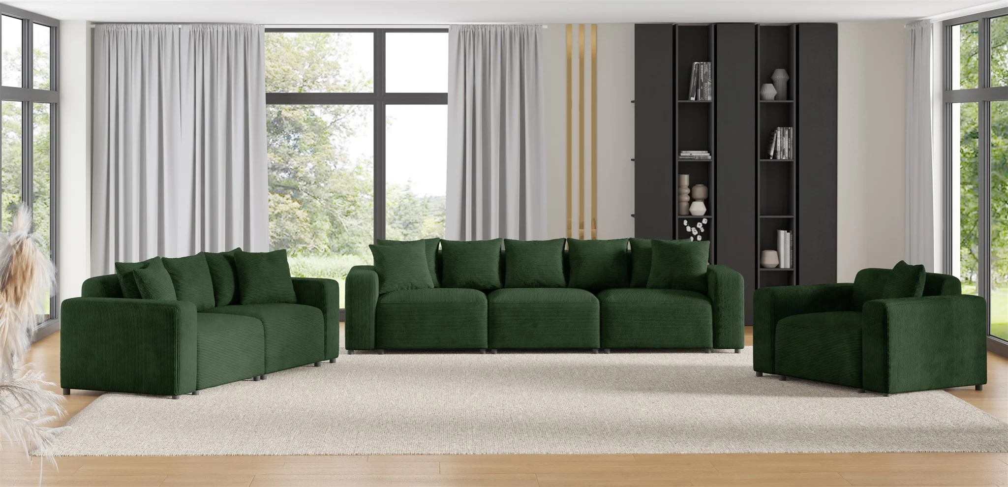 Sofaset Designersofas MEGAN 3-2-1 in Stoff Poso Dunkelgrün