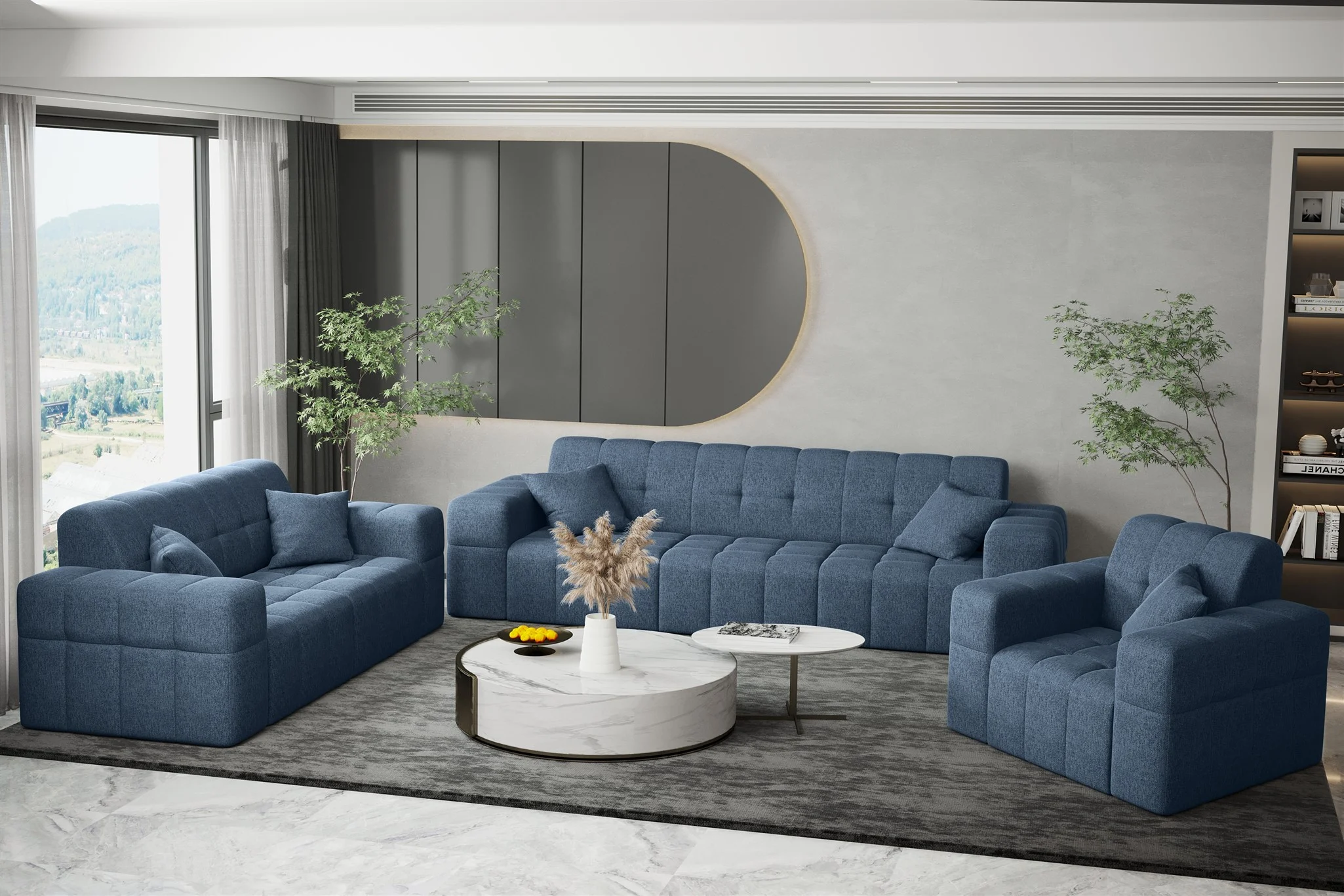 Sofaset Designersofa NANCY 3-2-1 in Stoff Neve Blau