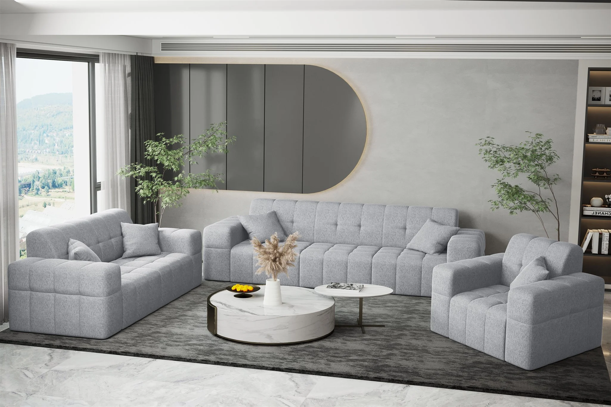 Sofaset Designersofa NANCY 3-2-1 in Stoff Neve Hellgrau