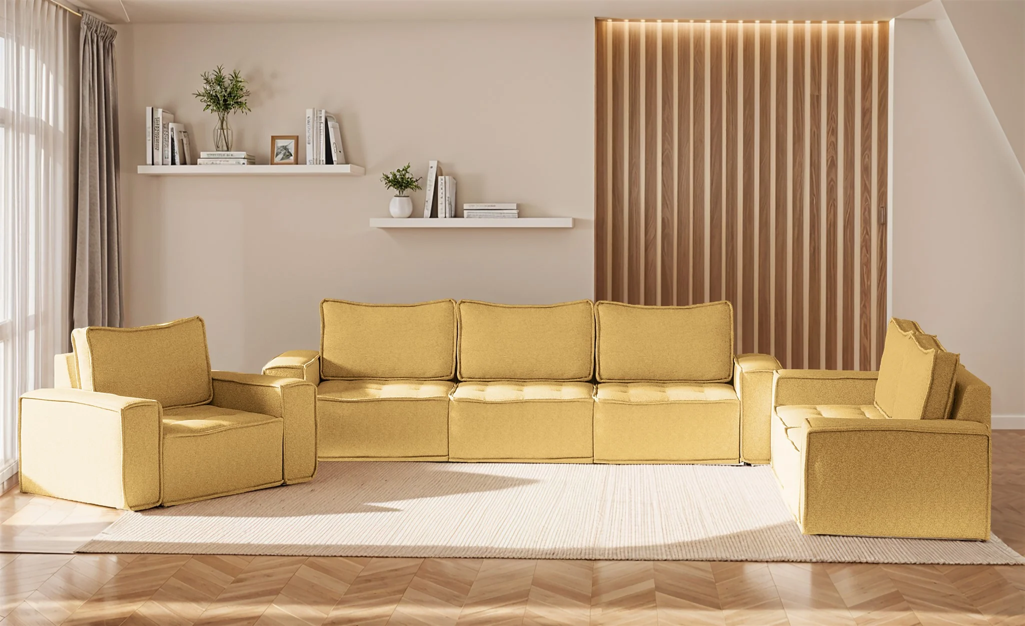 Sofaset Modulsofa-Set 6-teilig SANDE 3-2-1 Stoff Raven Honiggelb