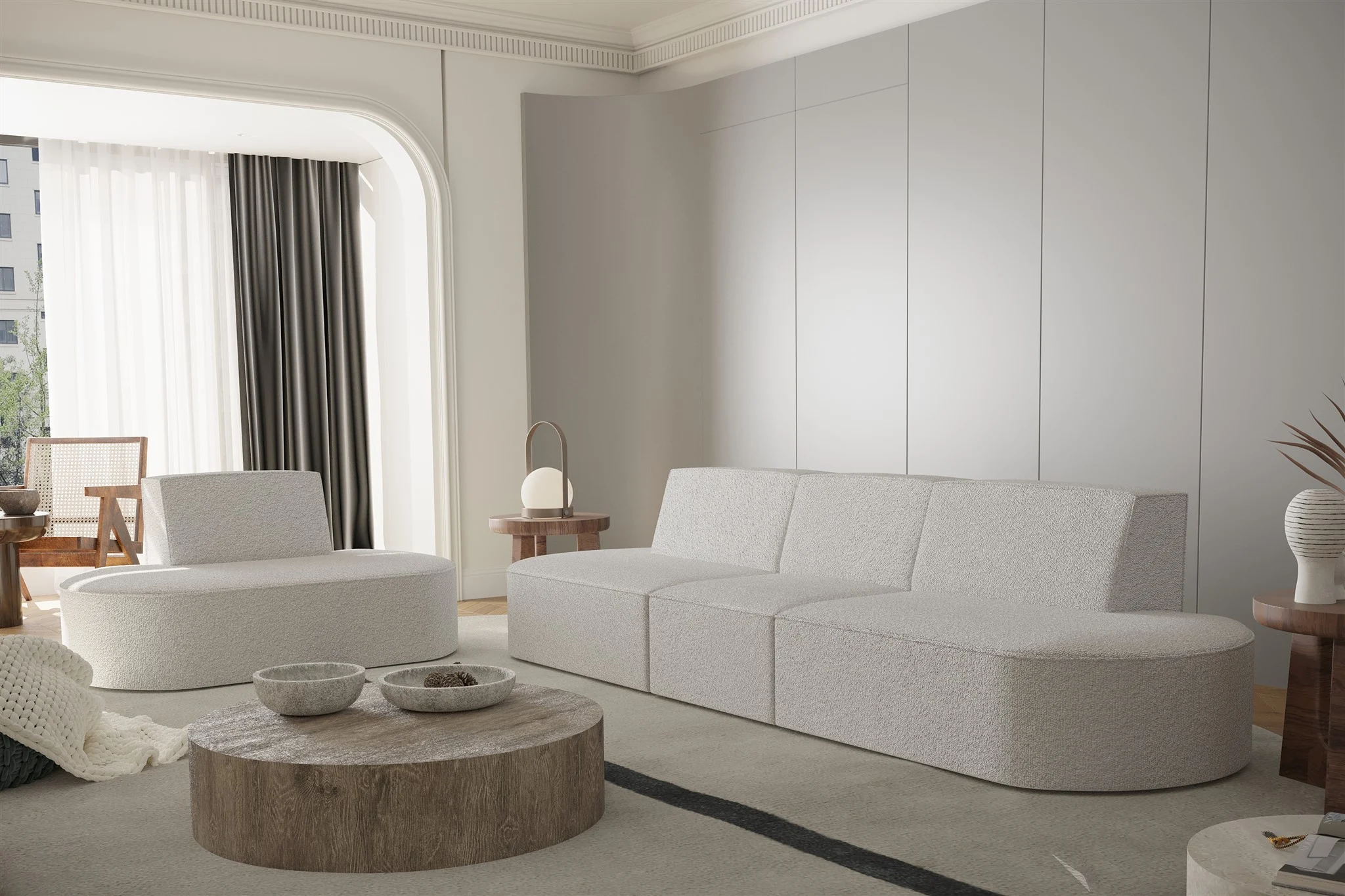 Sofaset Designersofa Set 3-1 MILOT in Stoff Ascot Bukla Creme