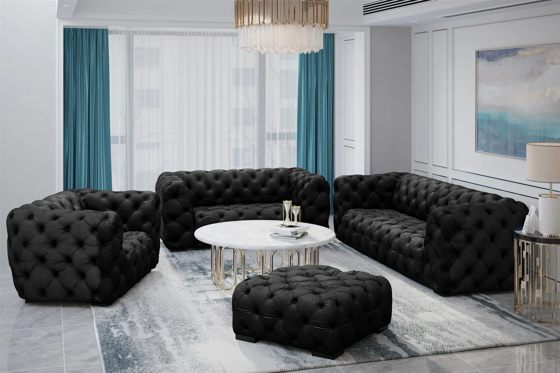 Sofaset Designersofa NATALIE 3-2-1 in Stoff Riviera Schwarz