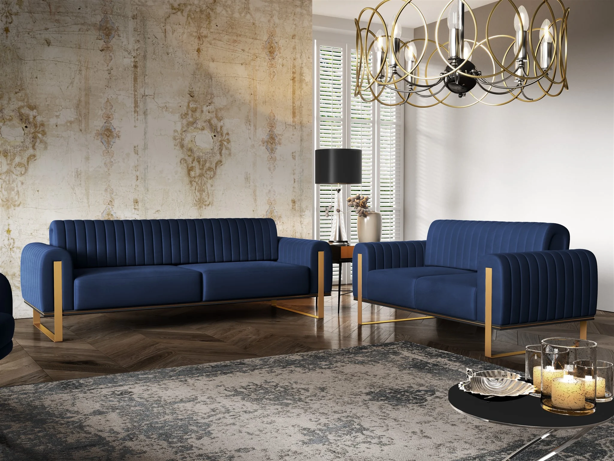 Sofaset Designersofas VALERIE 3-2 in Stoff Stoff Elisa Velvet Dunkelblau