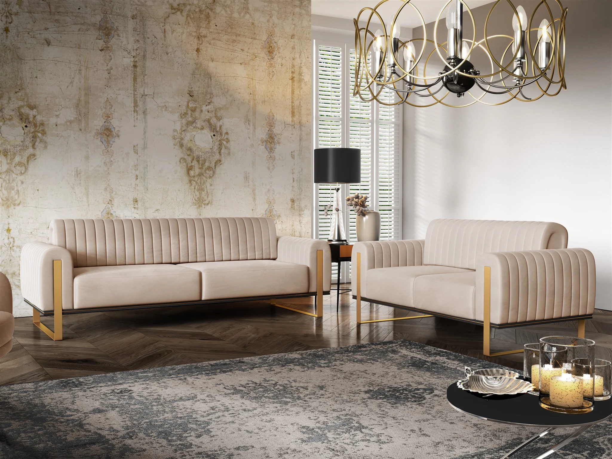 Sofaset Designersofas VALERIE 3-2 in Stoff Stoff Elisa Velvet Beige