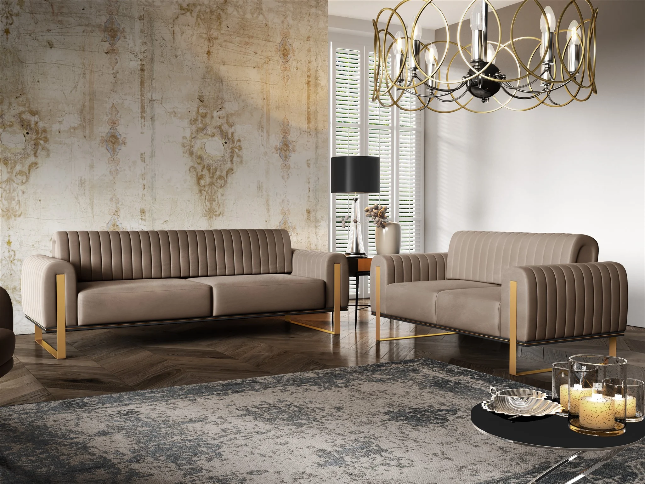 Sofaset Designersofas VALERIE 3-2 in Stoff Stoff Elisa Velvet Cappuccino