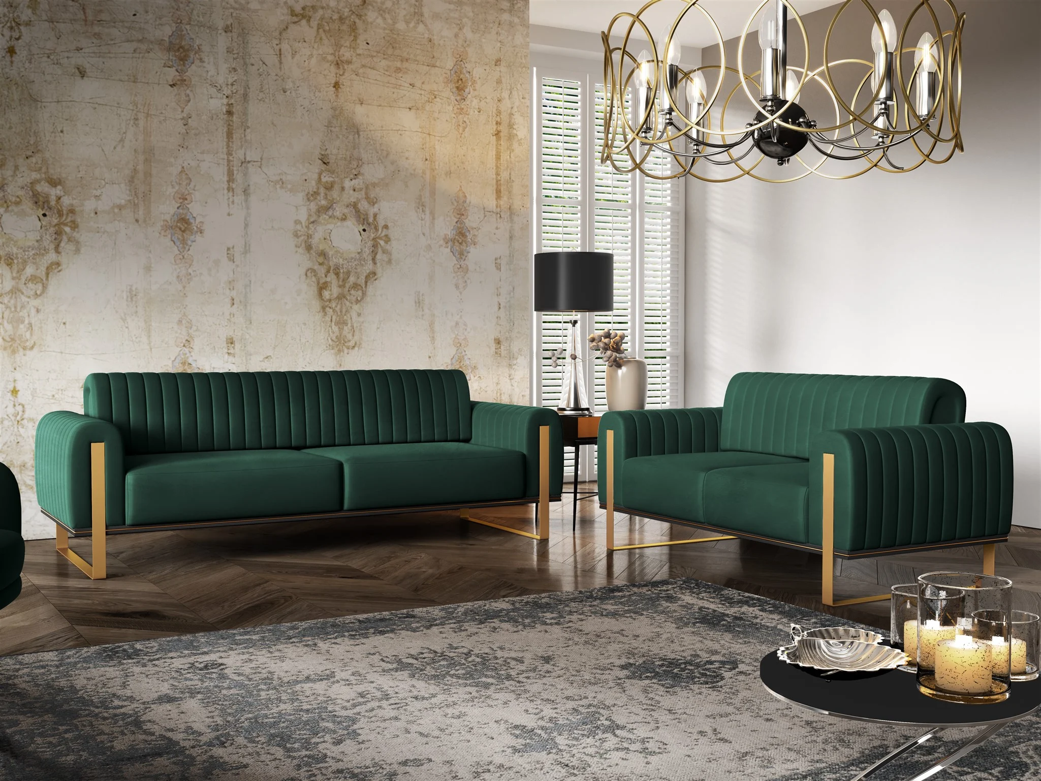 Sofaset Designersofas VALERIE 3-2 in Stoff Stoff Elisa Velvet Flaschengrün