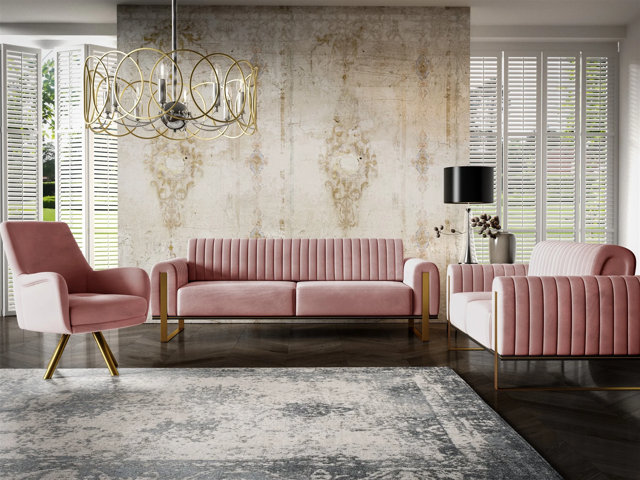 Sofaset Designersofas VALERIE 3-2-1 in Stoff Stoff Elisa Velvet Altrosa