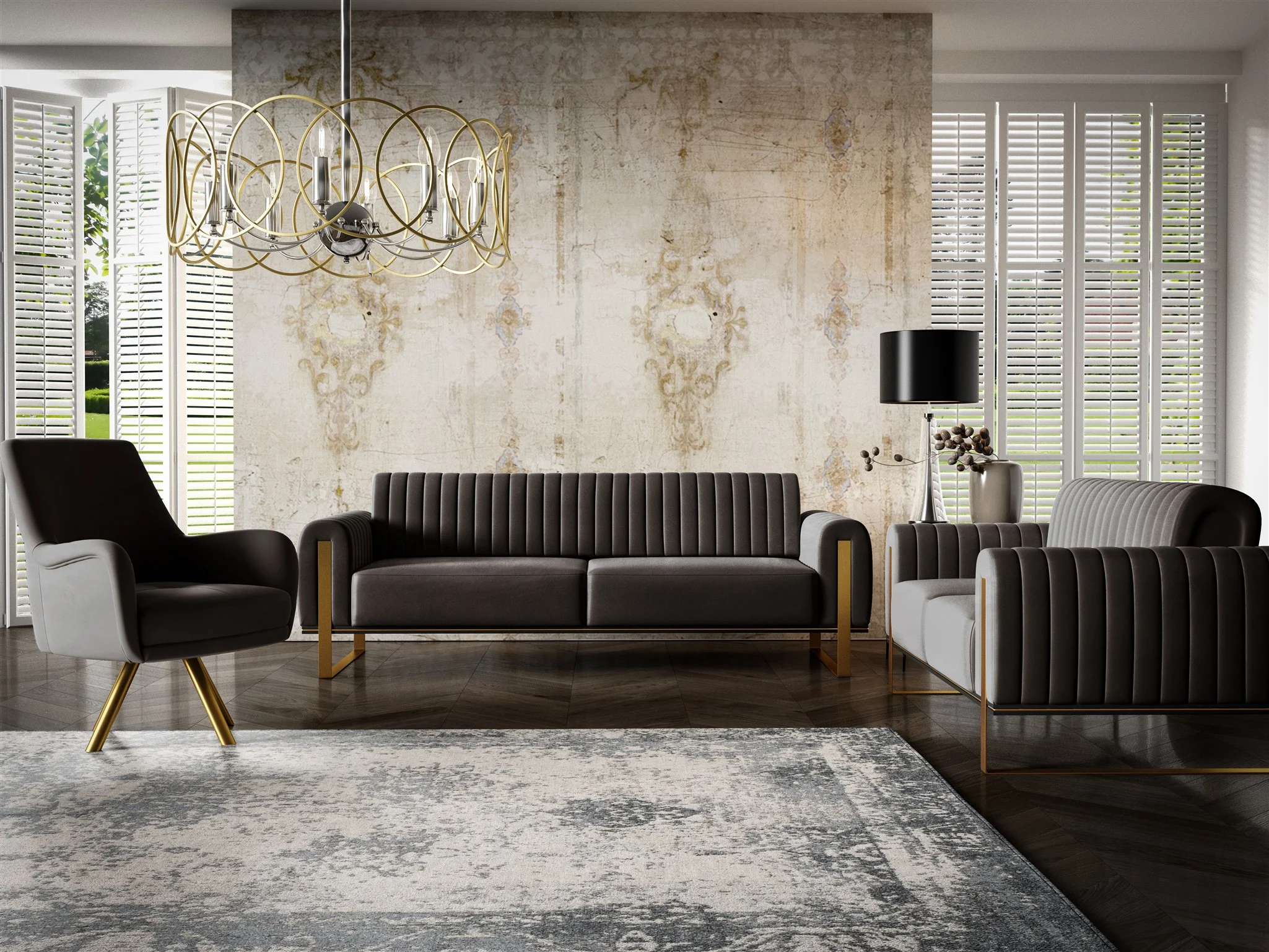 Sofaset Designersofas VALERIE 3-2-1 in Stoff Stoff Elisa Velvet Schwarz
