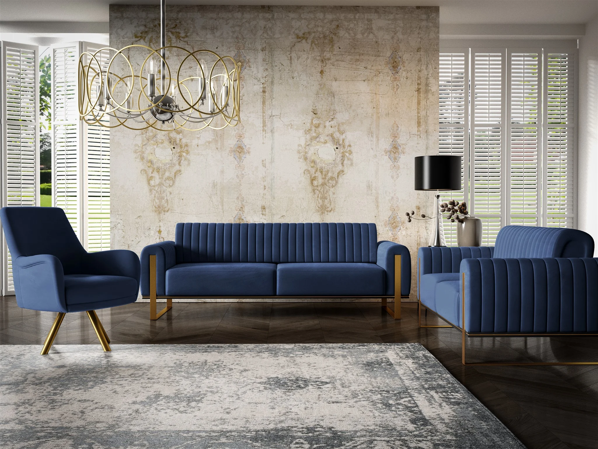 Sofaset Designersofas VALERIE 3-2-1 in Stoff Stoff Elisa Velvet Dunkelblau