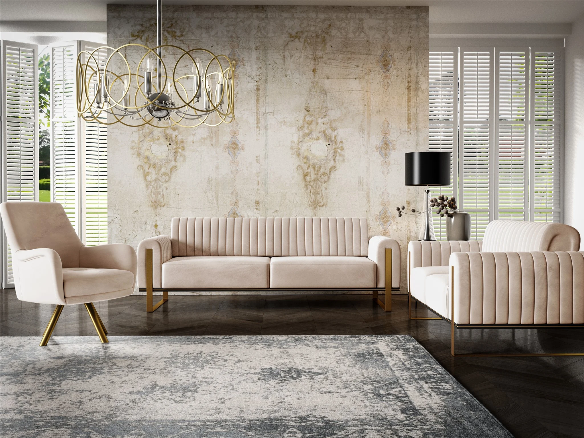 Sofaset Designersofas VALERIE 3-2-1 in Stoff Stoff Elisa Velvet Beige