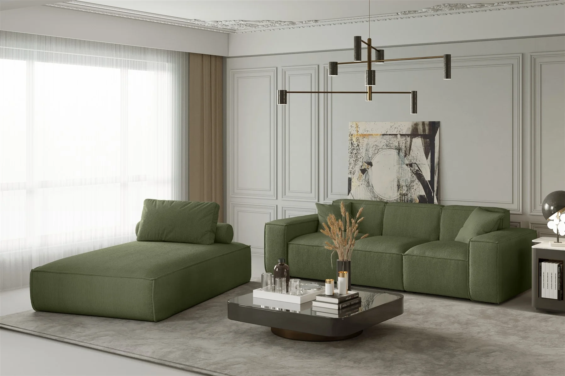 Sofa Set 2-teilig Sezlong und Sofa 3-Sitzer CELES in Stoff Scala Olivgrün