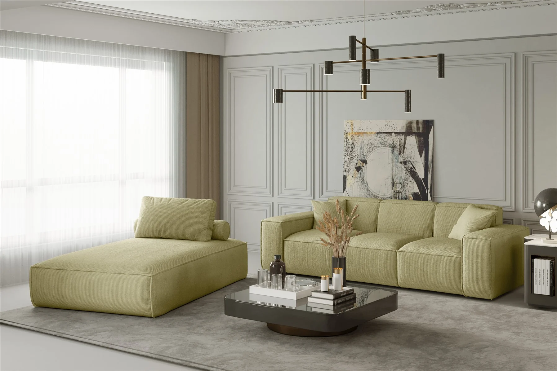 Sofa Set 2-teilig Sezlong und Sofa 3-Sitzer CELES in Stoff Scala Limette