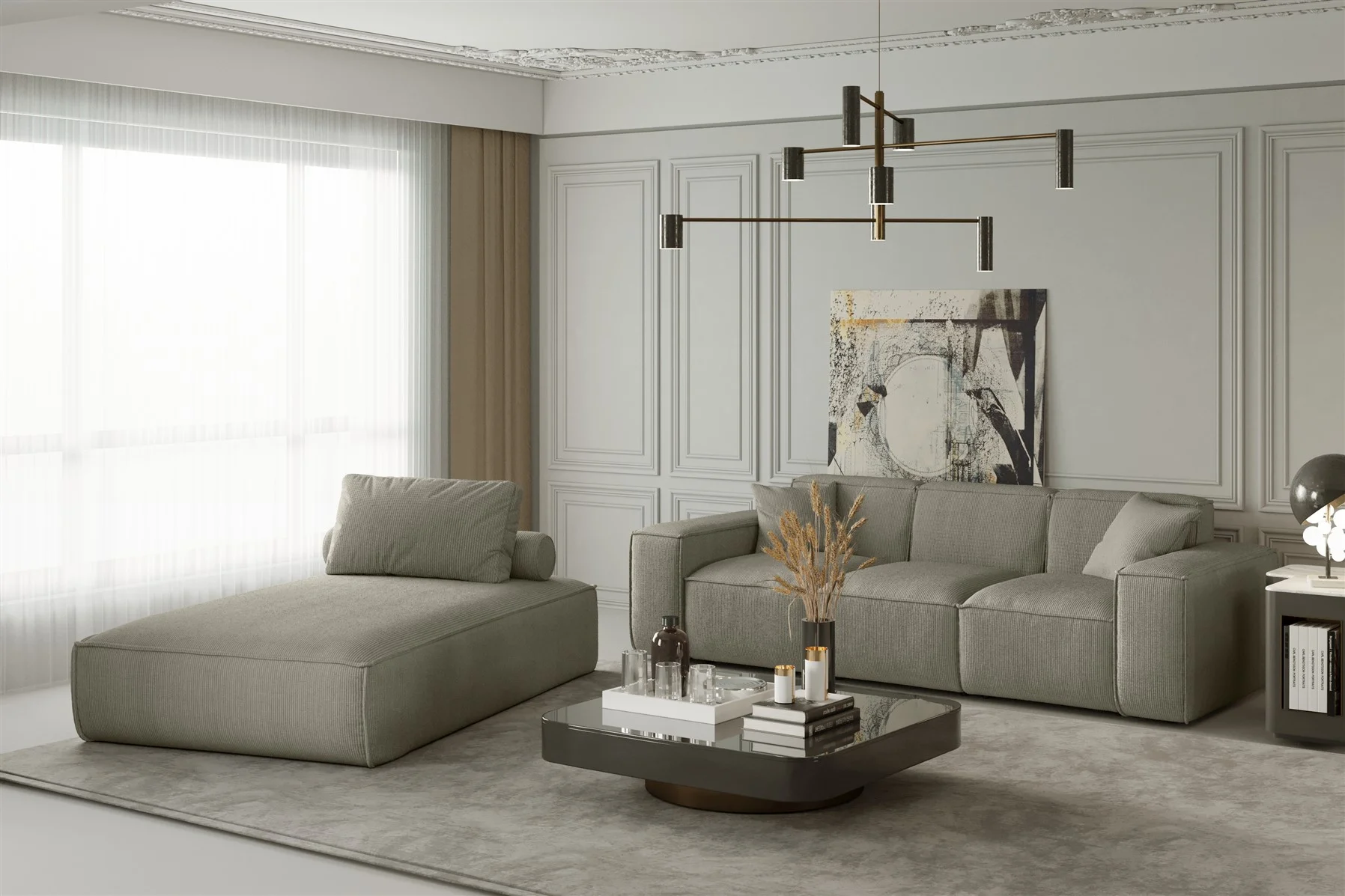 Sofa Set 2-teilig Sezlong und Sofa 3-Sitzer CELES in Stoff Scala Beige