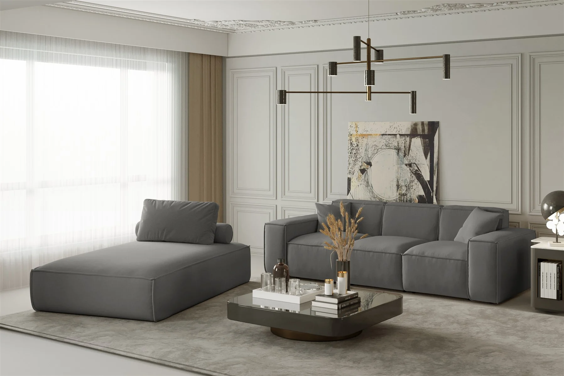 Sofa Set 2-teilig Sezlong und Sofa 3-Sitzer CELES in Stoff Scala Graphitgrau