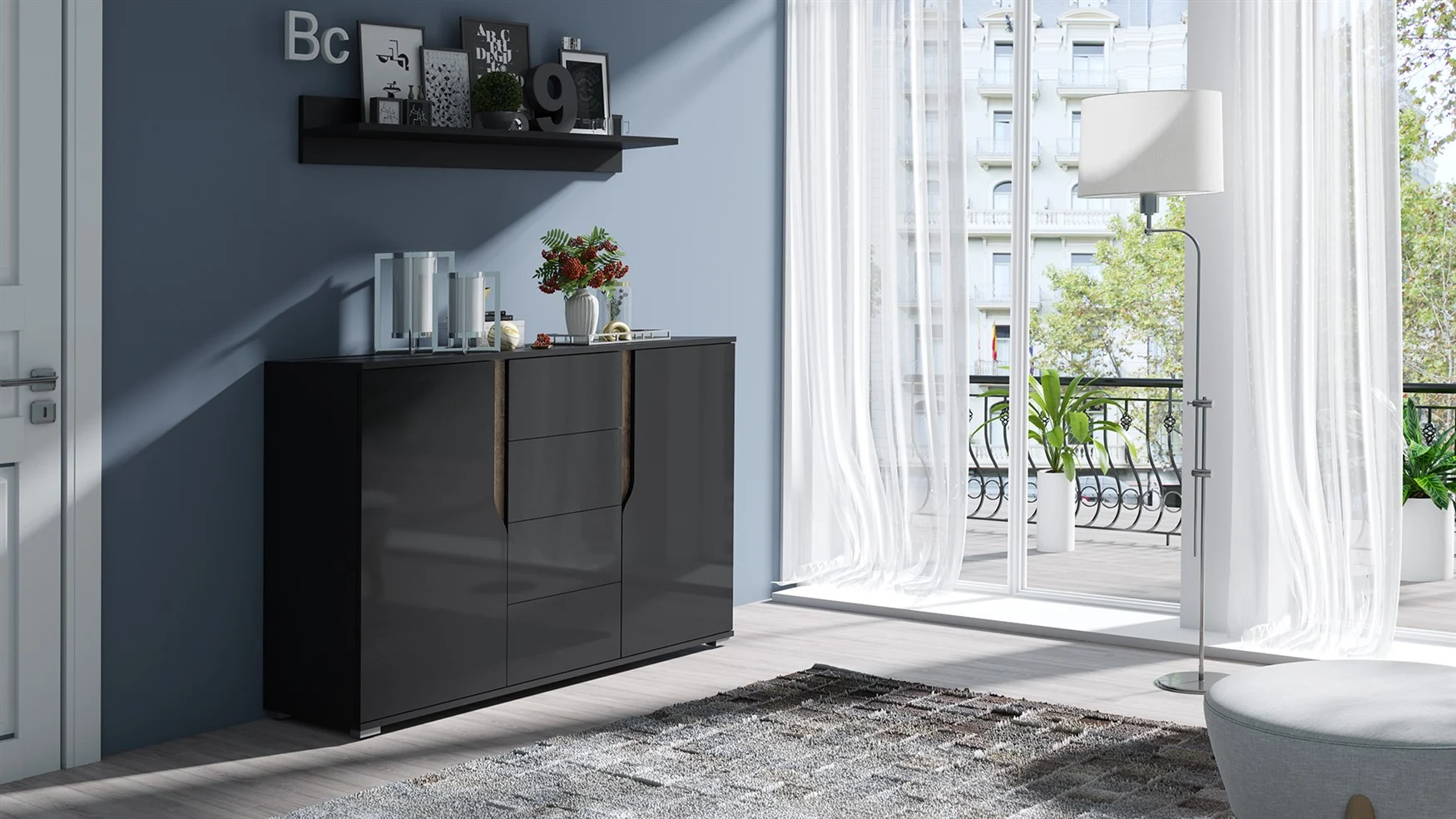 Sideboard Kommode DALLAS 135x90x40cm Schwarz HGL / Eiche Monastery - Fun Möbel