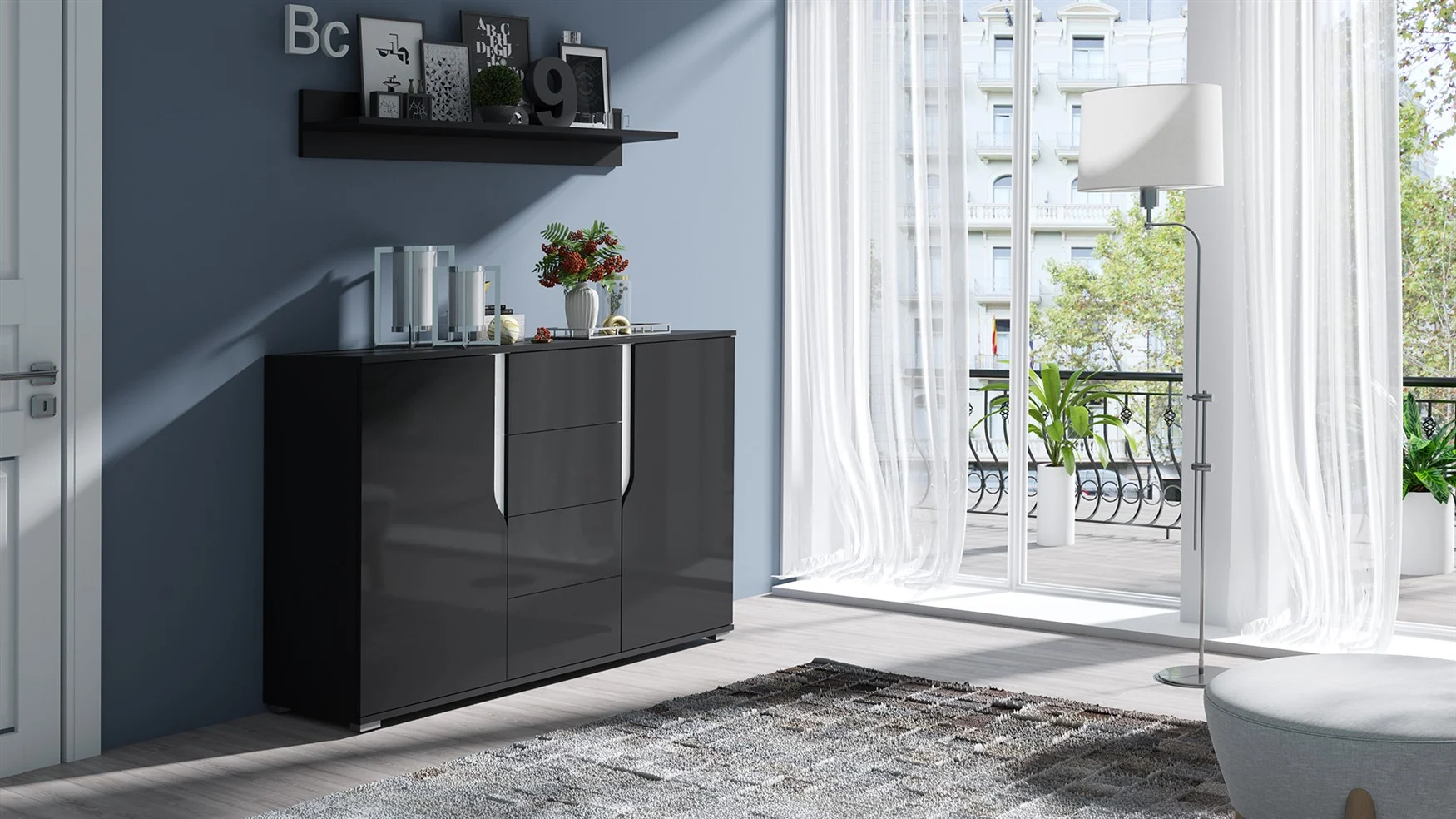 Sideboard Kommode DALLAS 135x90x40cm Schwarz HGL / Weiss HGL - Fun Möbel