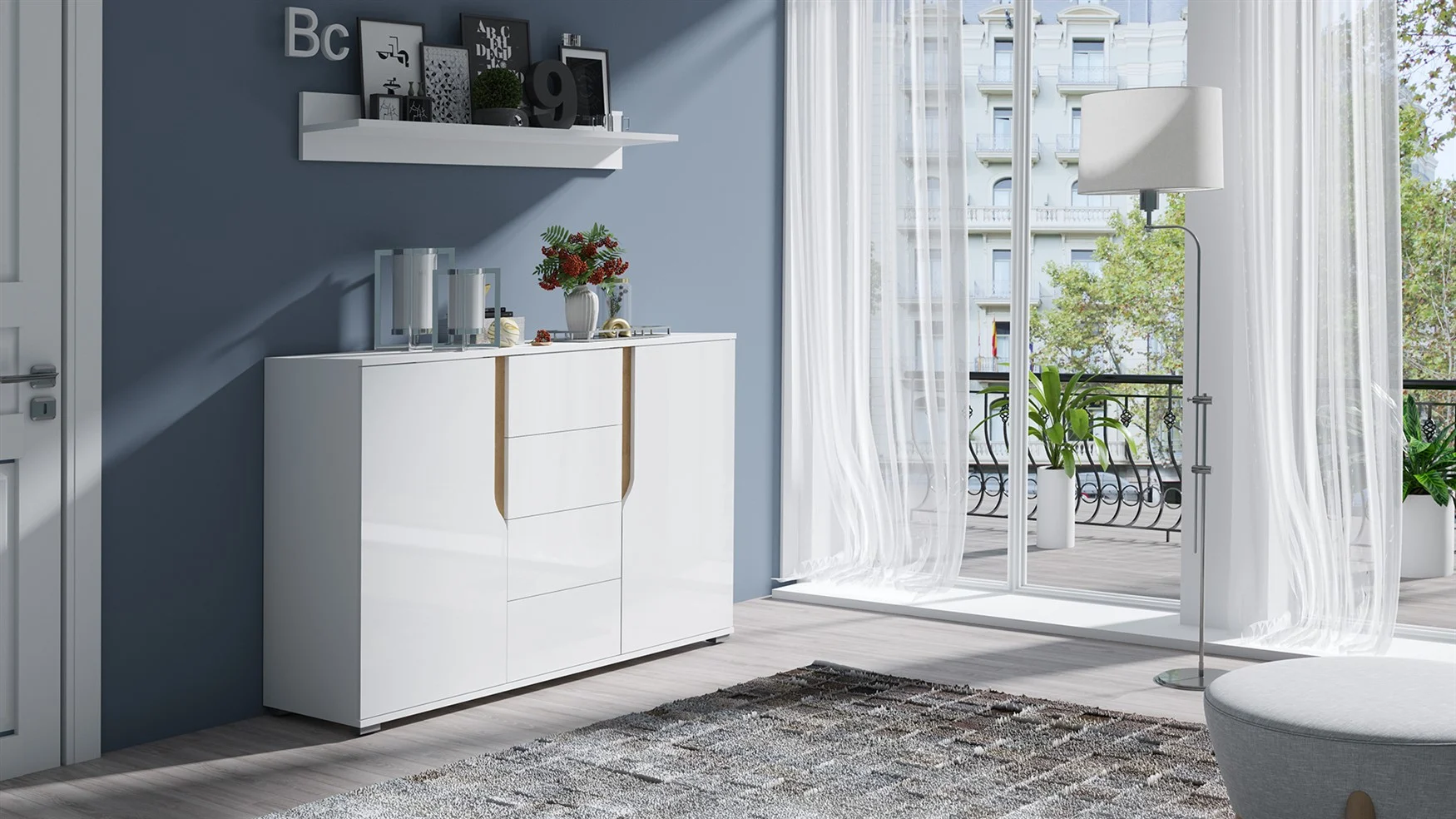 Sideboard Kommode DALLAS 135x90x40cm Weiß HGL / Eiche matt - Fun Möbel