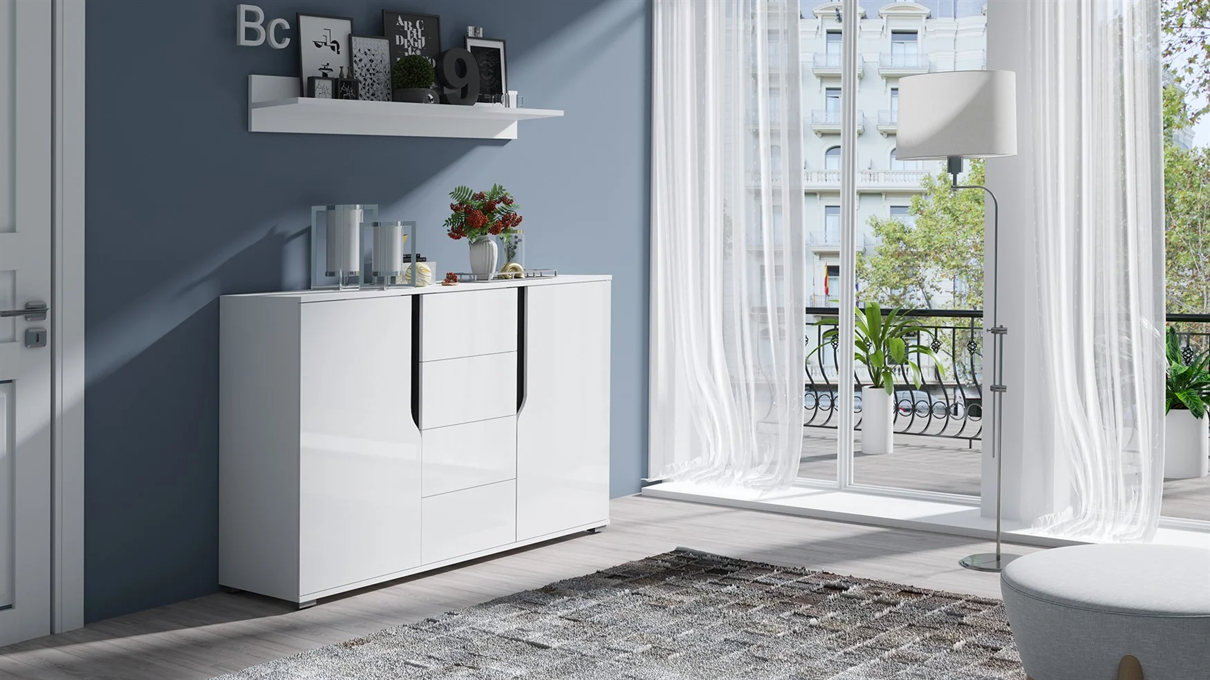 Sideboard Kommode DALLAS 135x90x40cm Weiß HGL / Schwarz HGL - Fun Möbel