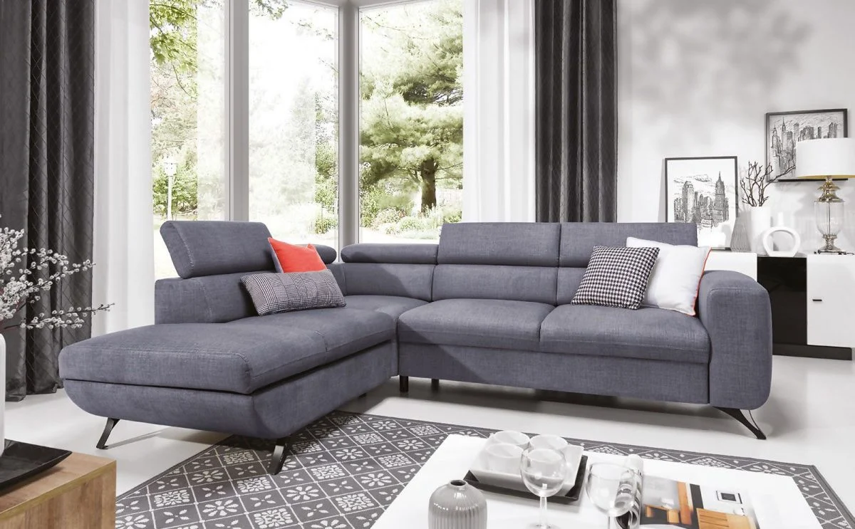 Ecksofa Schlafsofa ALBERTO Polyesterstoff Hellgrau Ottomane Links - Fun Moebel