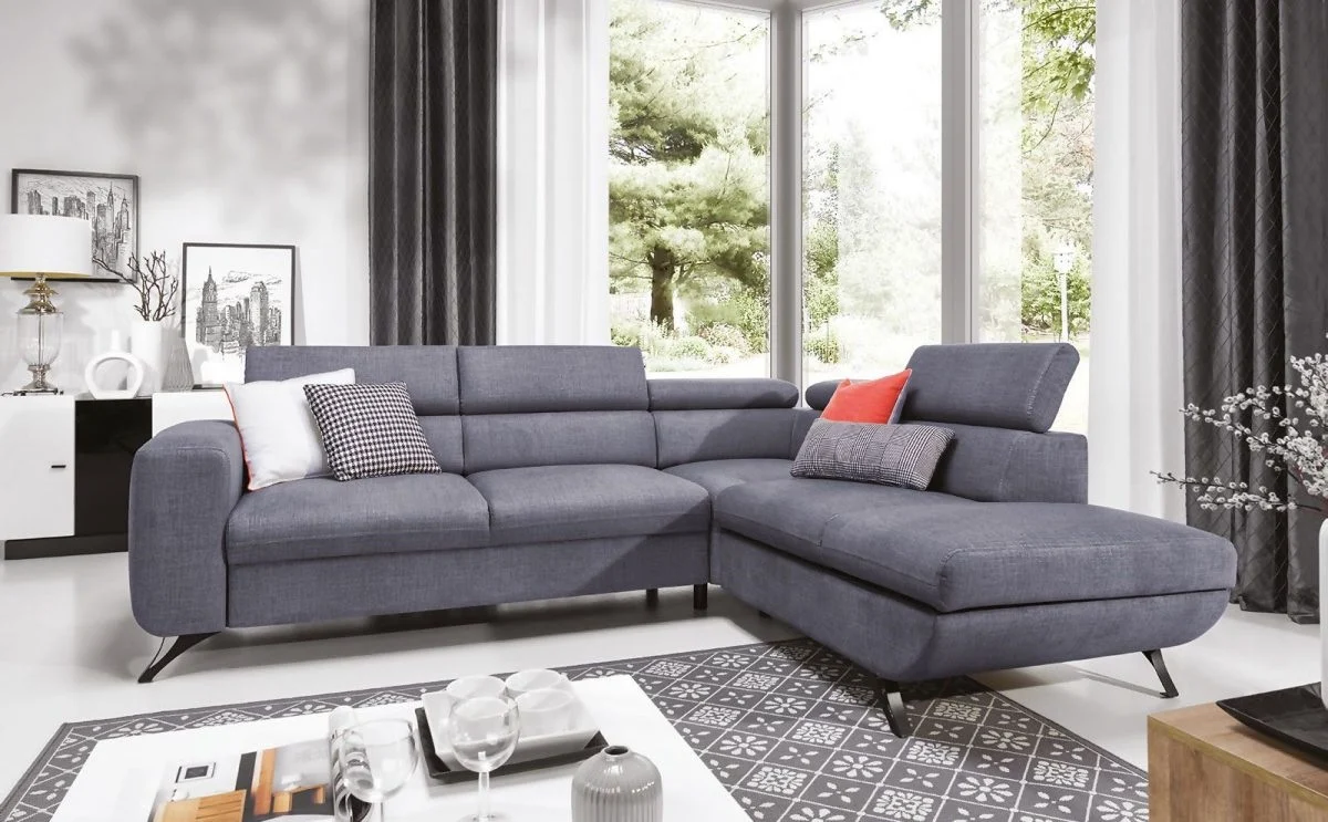 Ecksofa Schlafsofa ALBERTO Polyesterstoff Hellgrau Ottomane Rechts - Fun Moebel
