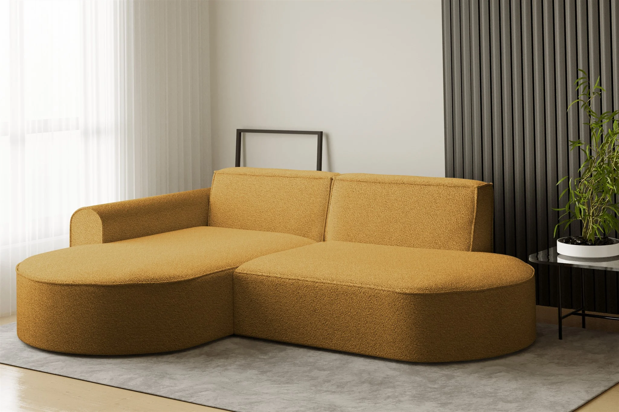 Ecksofa Designersofa BONDY in Stoff Ascot Senfgelb Ottomane Links - Fun Möbel