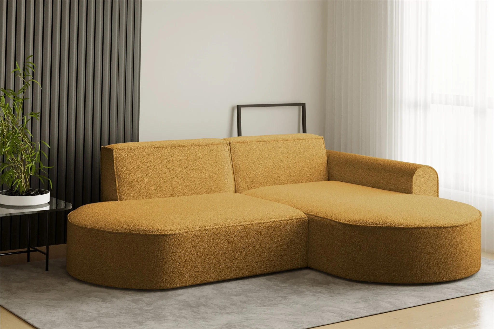 Ecksofa Designersofa BONDY in Stoff Ascot Senfgelb Ottomane Rechts - Fun Möbel