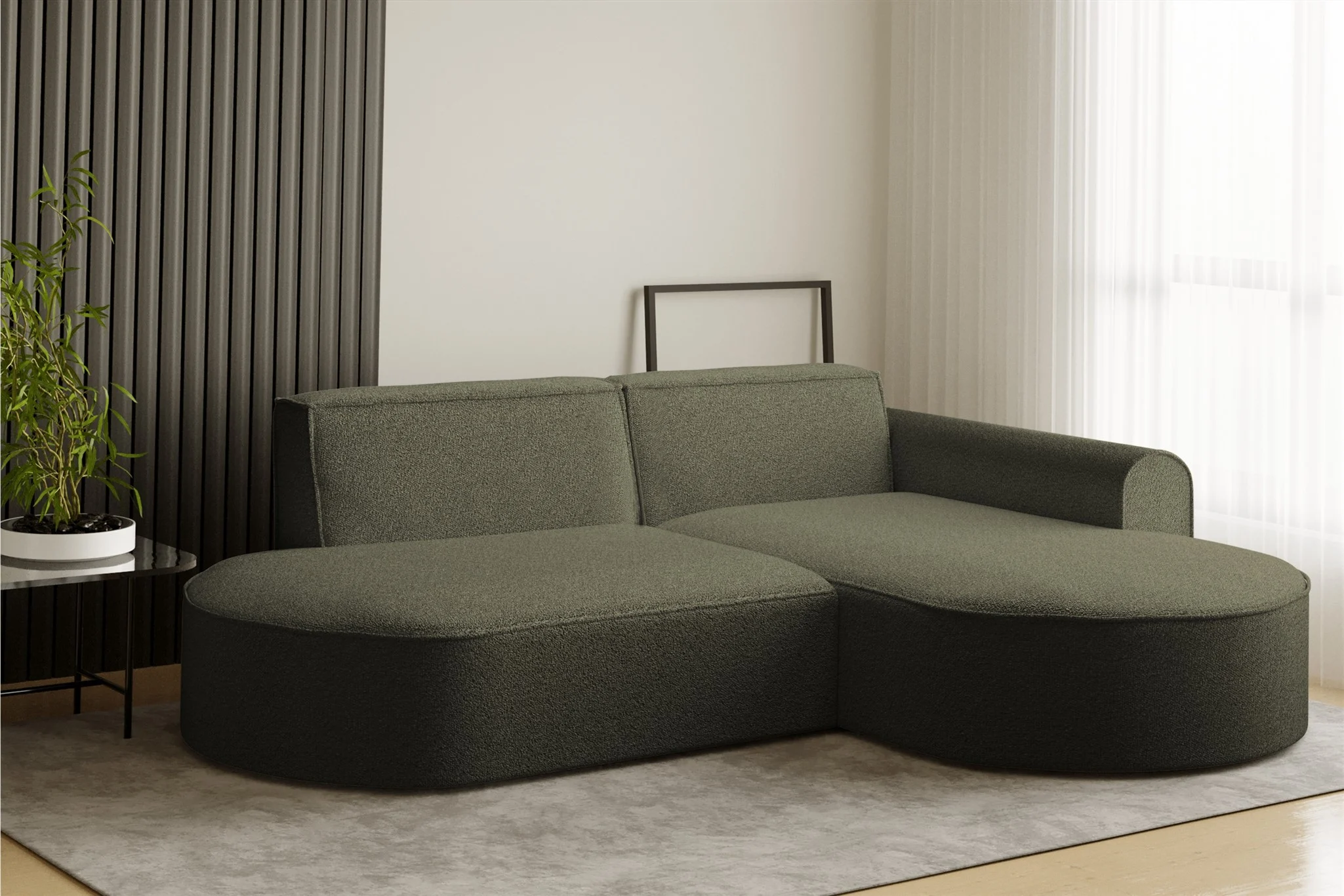 Ecksofa Designersofa BONDY in Stoff Ascot Grün Ottomane Rechts - Fun Möbel