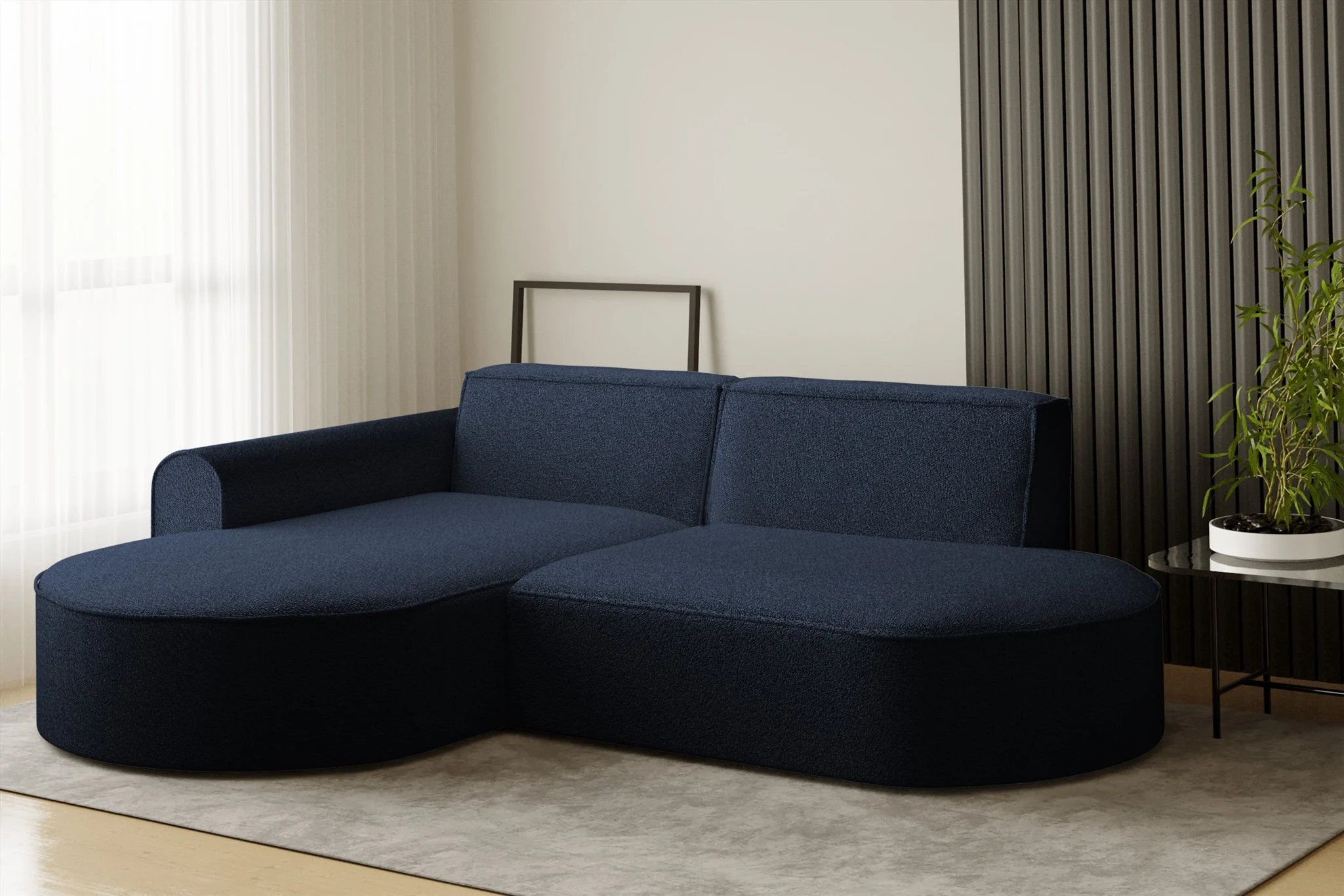 Ecksofa Designersofa BONDY in Stoff Ascot Dunkelblau Ottomane Links - Fun Möbel