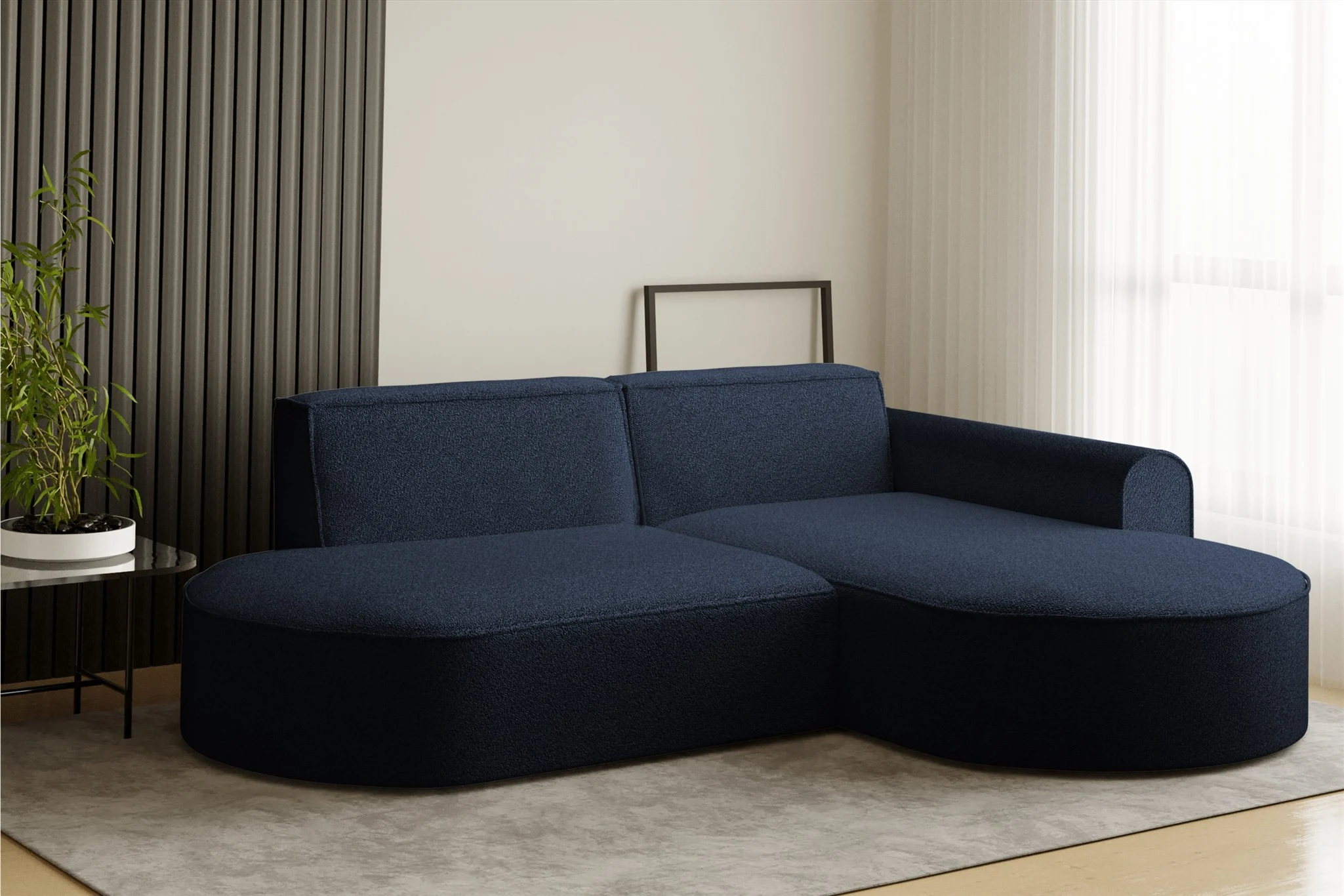 Ecksofa Designersofa BONDY in Stoff Ascot Dunkelblau Ottomane Rechts - Fun Möbel