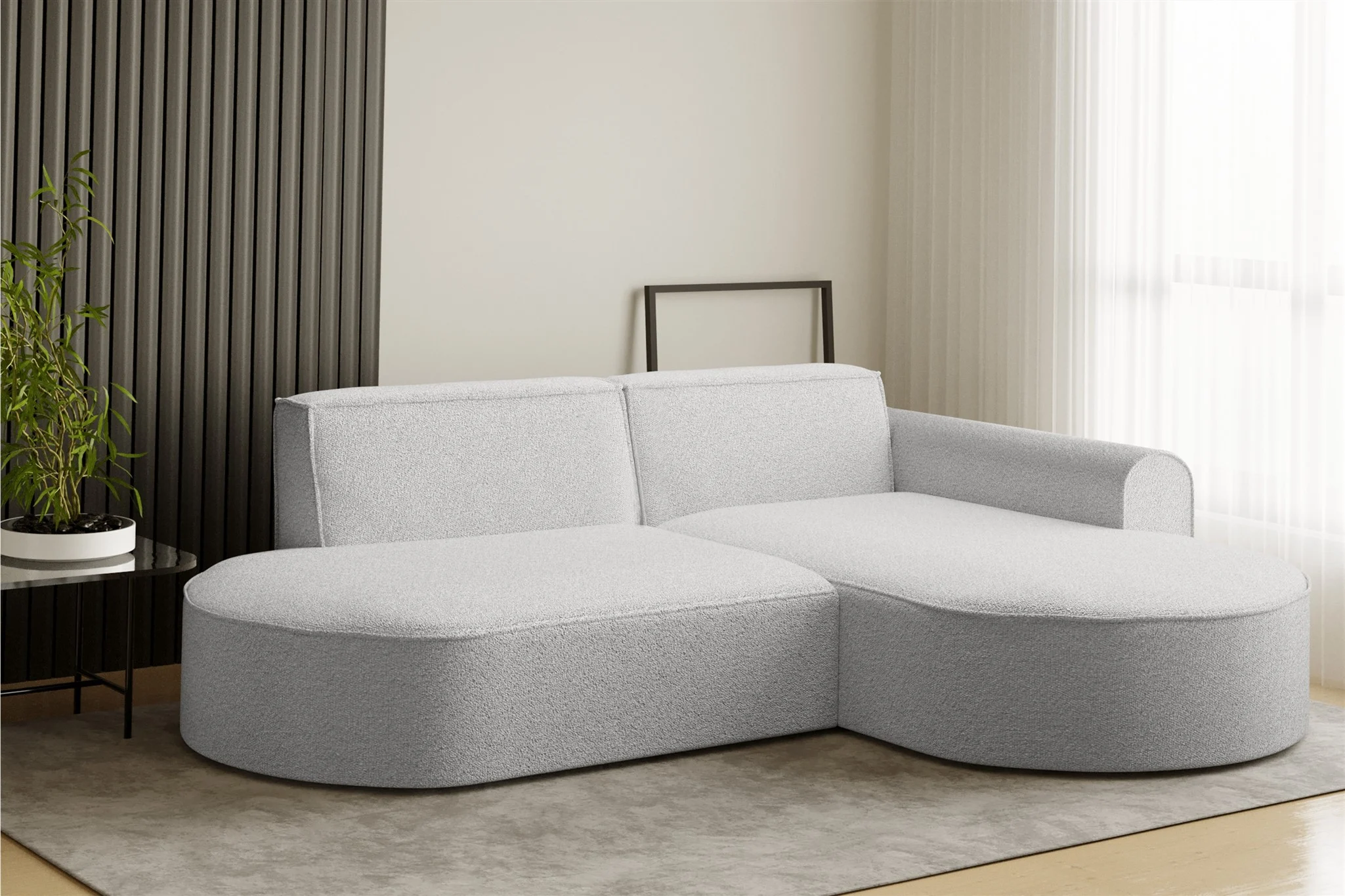 Ecksofa Designersofa BONDY in Stoff Ascot Grau Ottomane Rechts - Fun Möbel