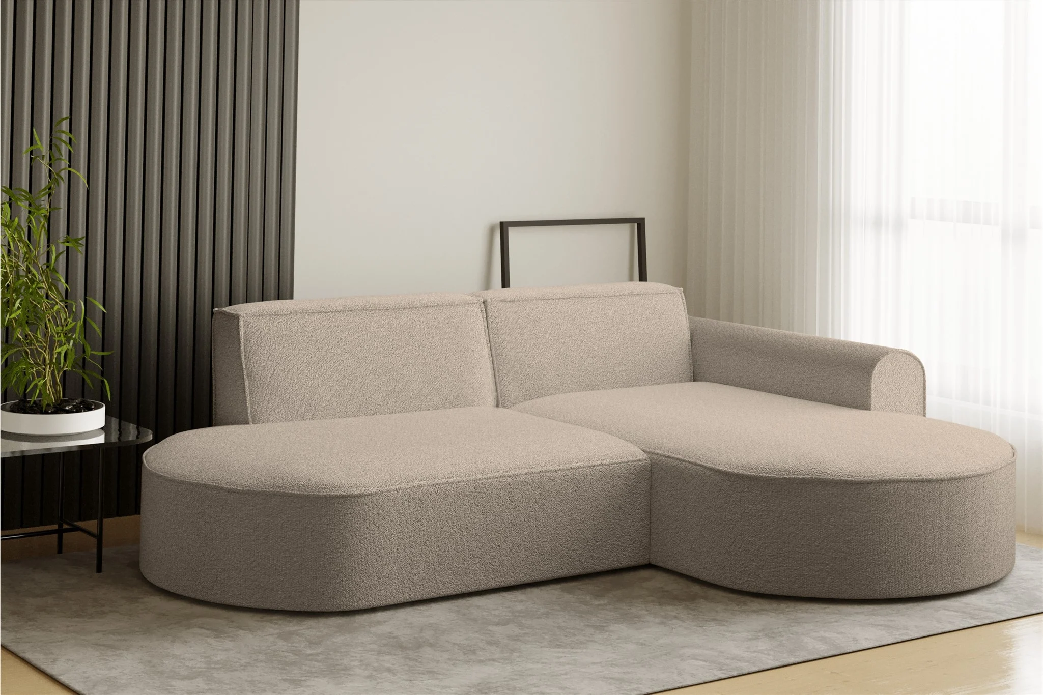 Ecksofa Designersofa BONDY in Stoff Ascot Beige Ottomane Rechts - Fun Möbel