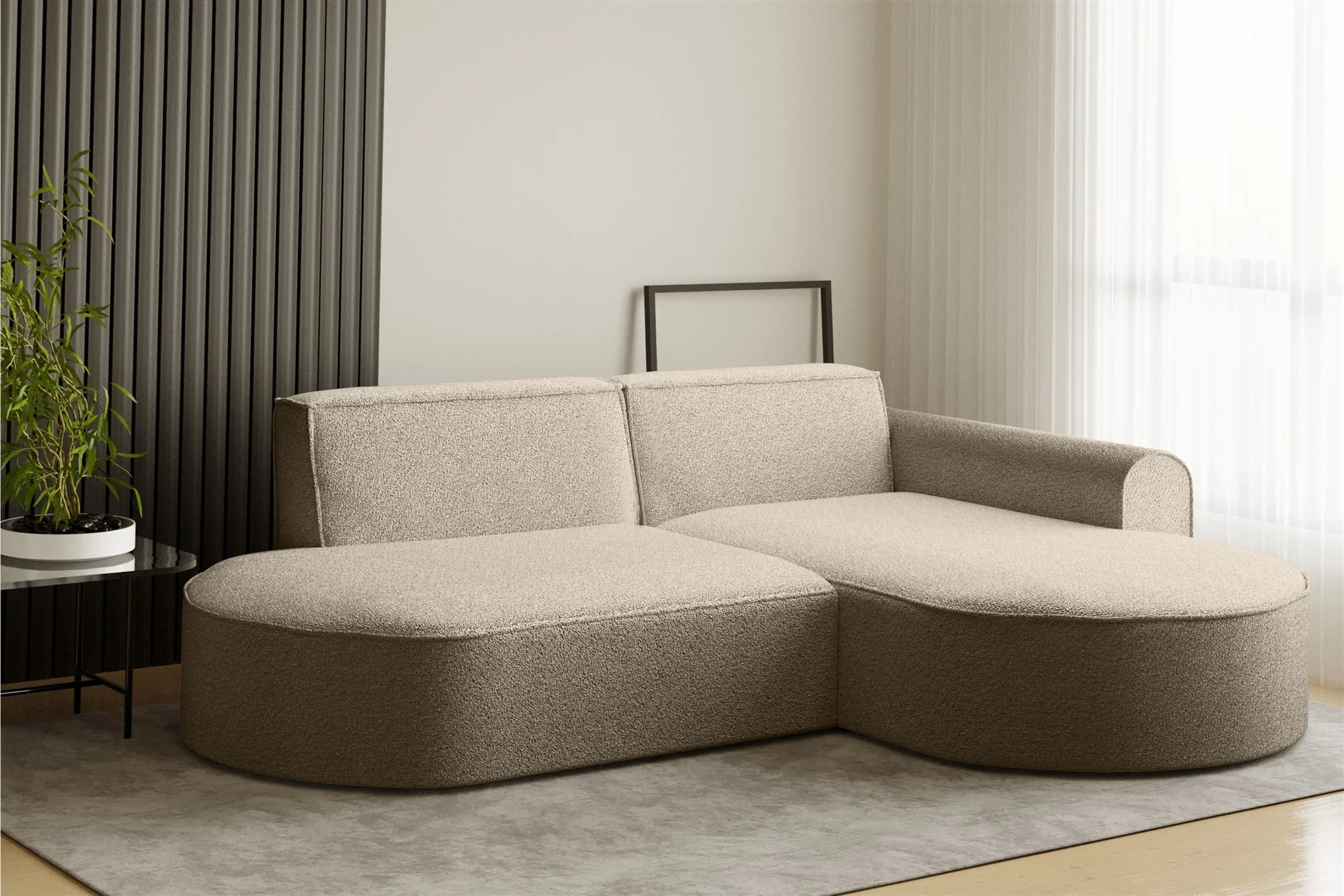 Ecksofa Designersofa BONDY in Stoff Ascot Hellbraun Ottomane Rechts - Fun Möbel