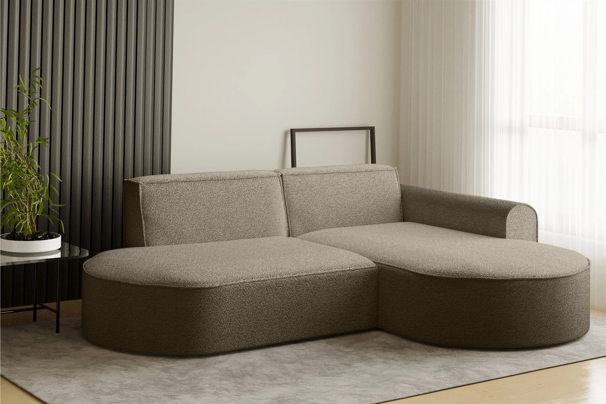 Ecksofa Designersofa BONDY in Stoff Ascot Braun Ottomane Rechts - Fun Möbel