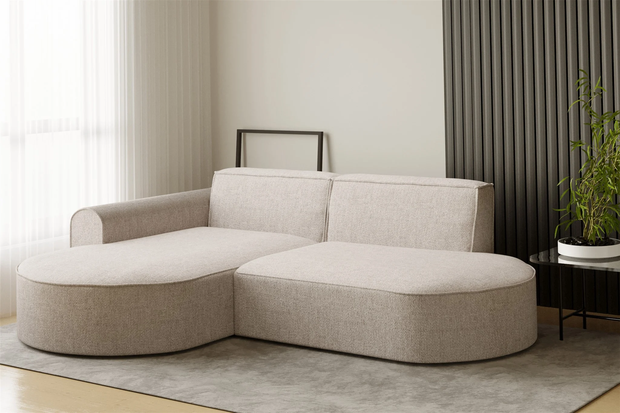 Ecksofa Designersofa BONDY in Stoff Neve Beige Ottomane Links - Fun Möbel