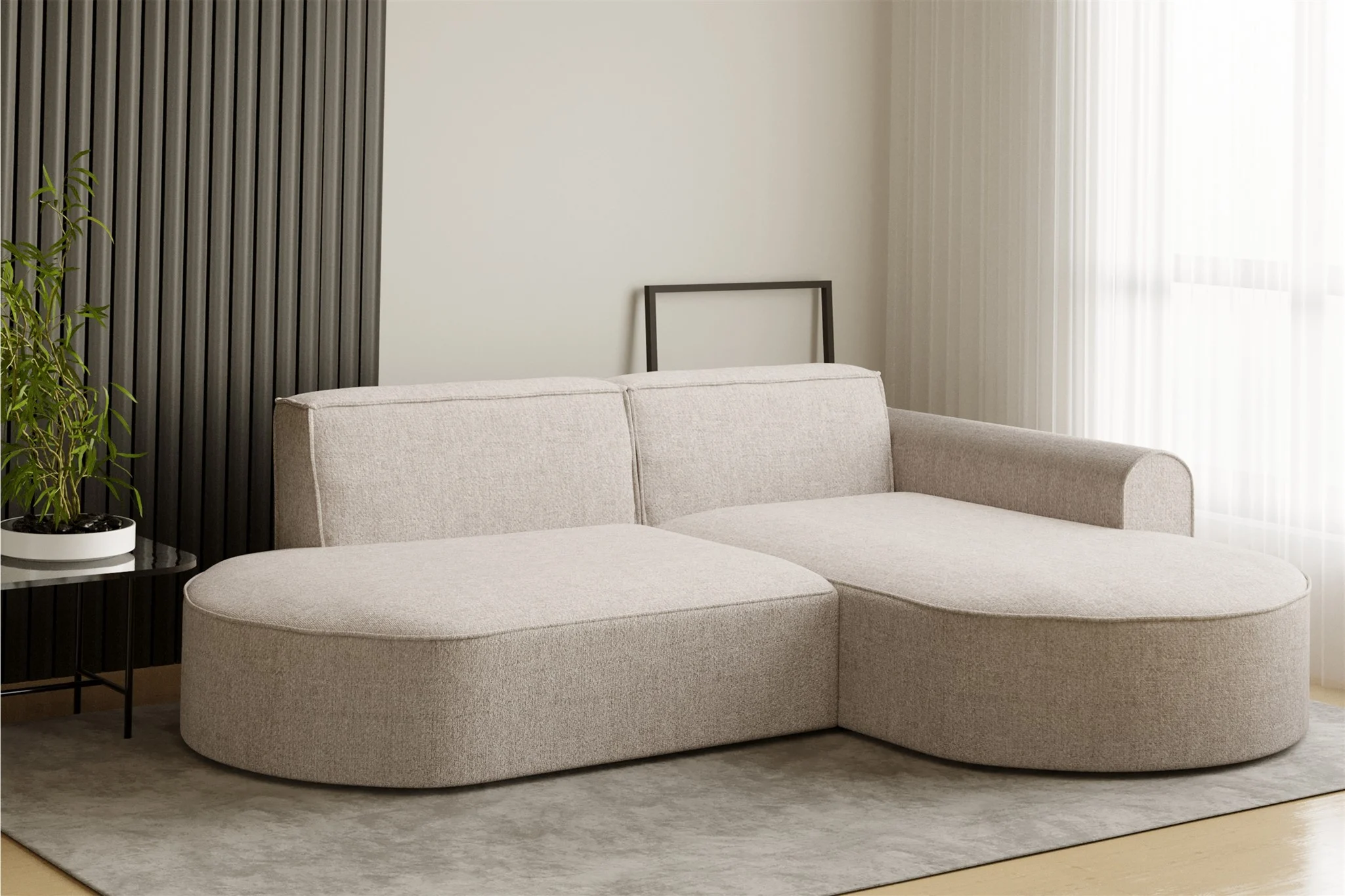 Ecksofa Designersofa BONDY in Stoff Neve Beige Ottomane Rechts - Fun Möbel