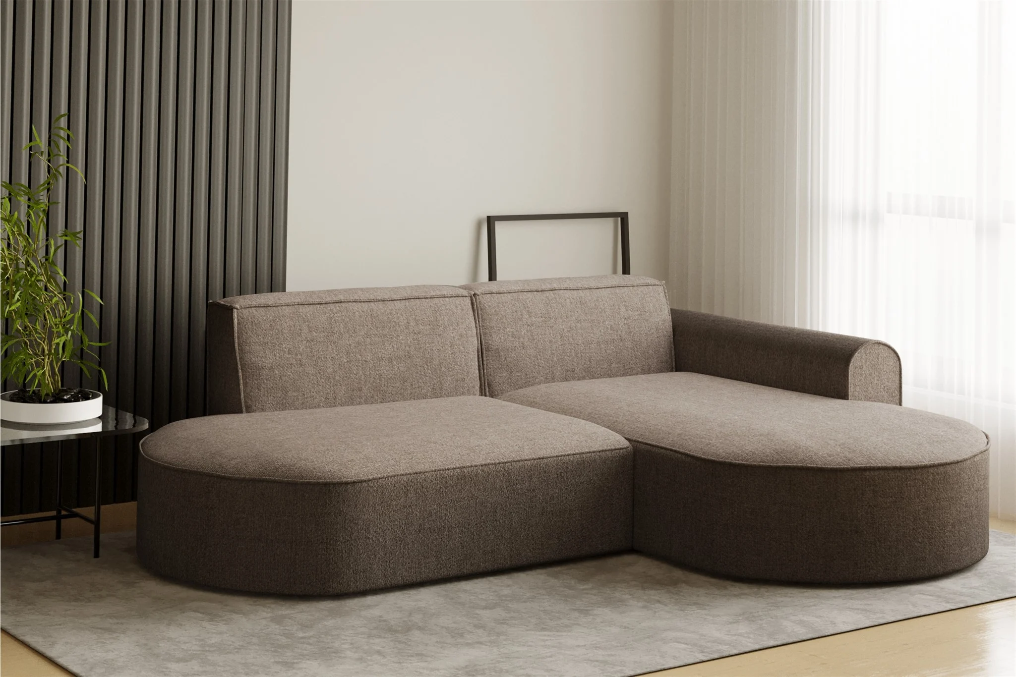 Ecksofa Designersofa BONDY in Stoff Neve Cappuccino Ottomane Rechts - Fun Möbel