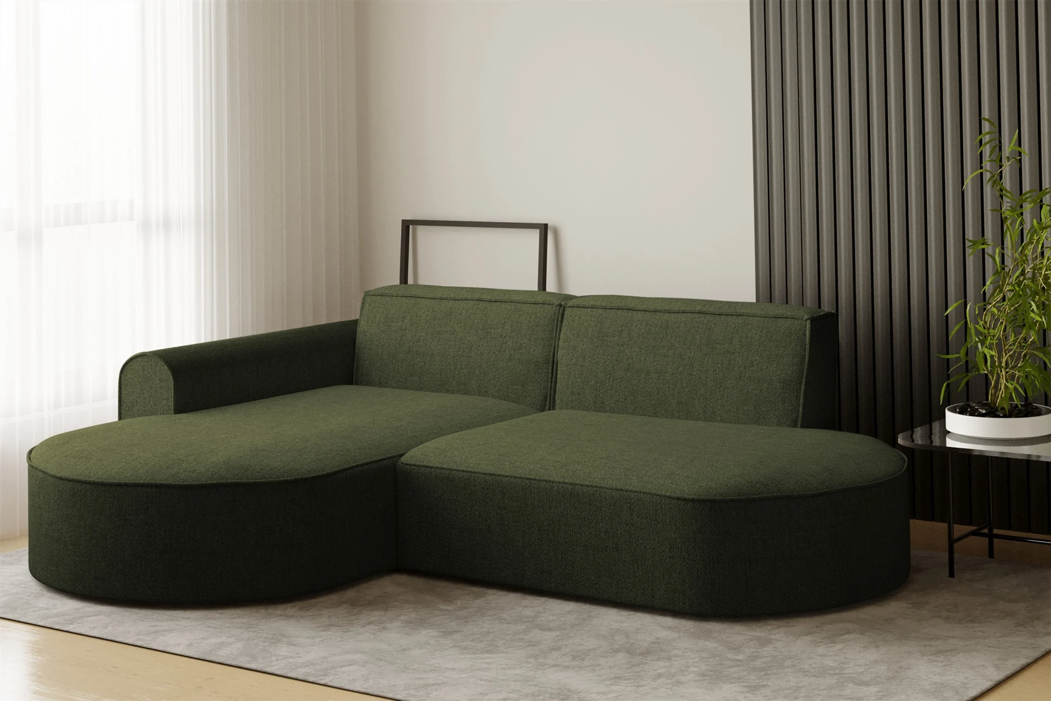 Ecksofa Designersofa BONDY in Stoff Neve Dunkelgrün Ottomane Links - Fun Möbel