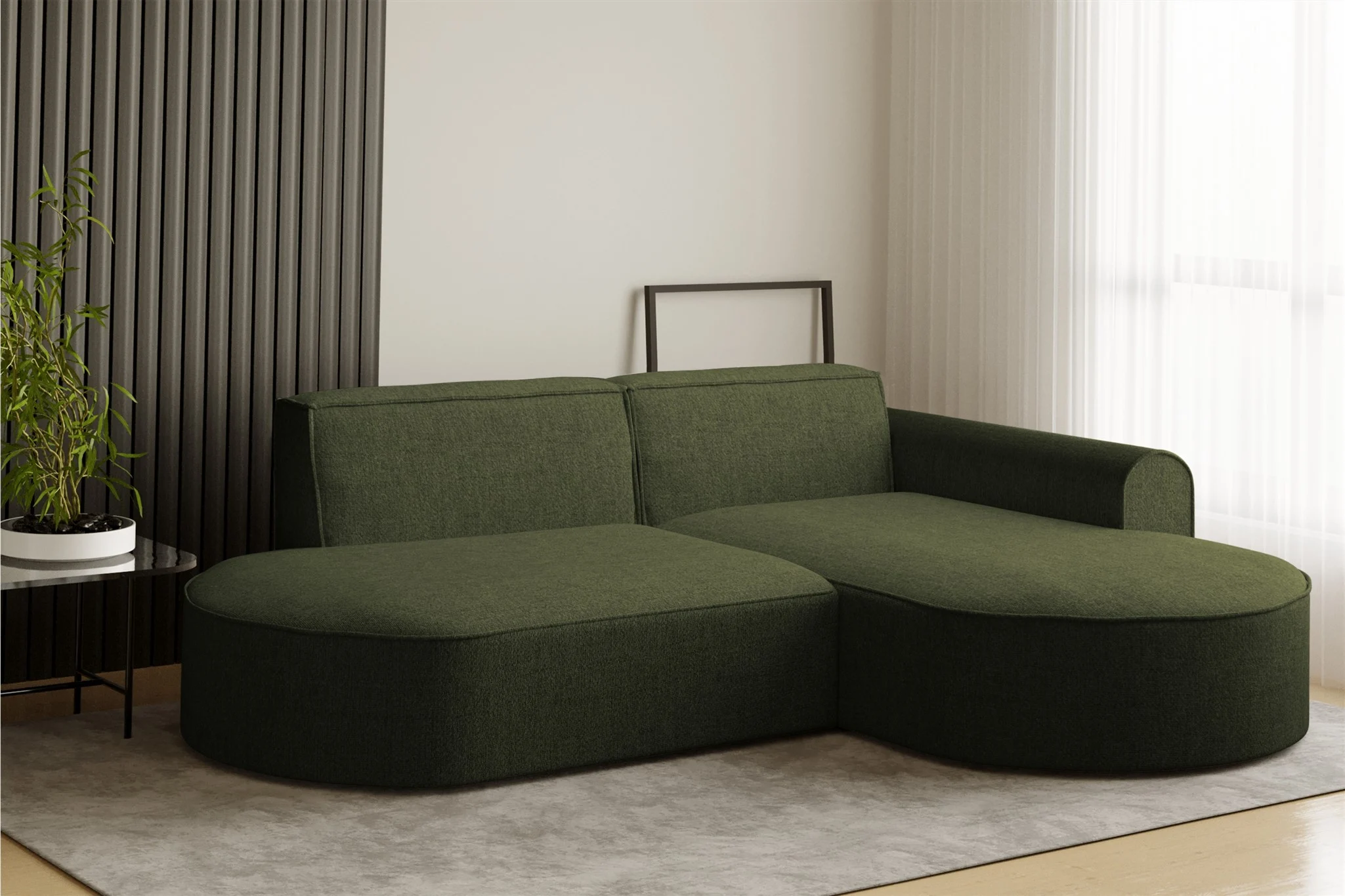 Ecksofa Designersofa BONDY in Stoff Neve Dunkelgrün Ottomane Rechts - Fun Möbel
