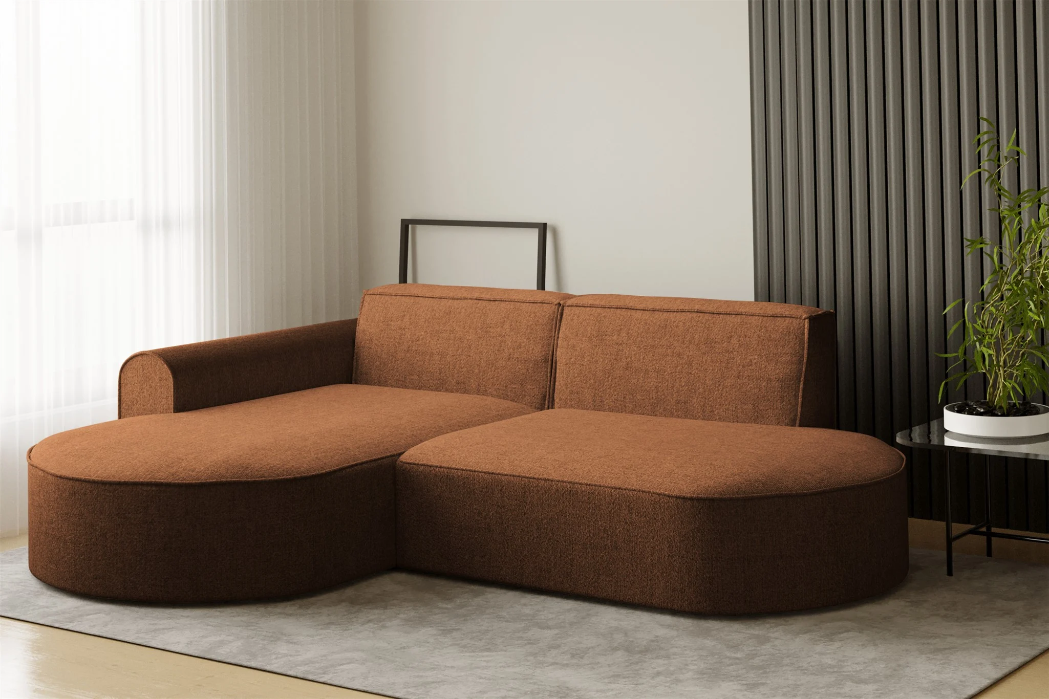 Ecksofa Designersofa BONDY in Stoff Neve Ziegelbraun Ottomane Links - Fun Möbel