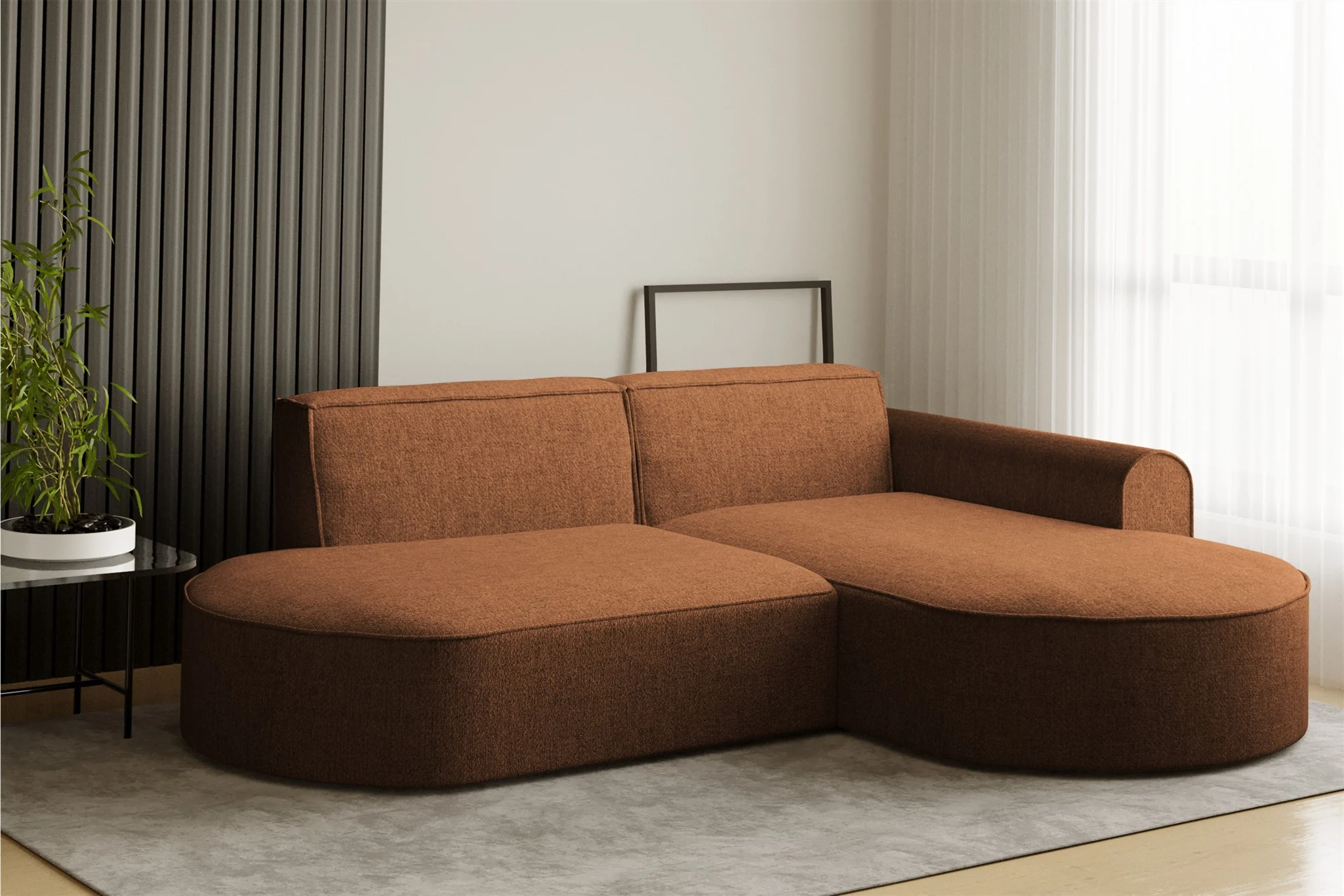 Ecksofa Designersofa BONDY in Stoff Neve Ziegelbraun Ottomane Rechts - Fun Möbel