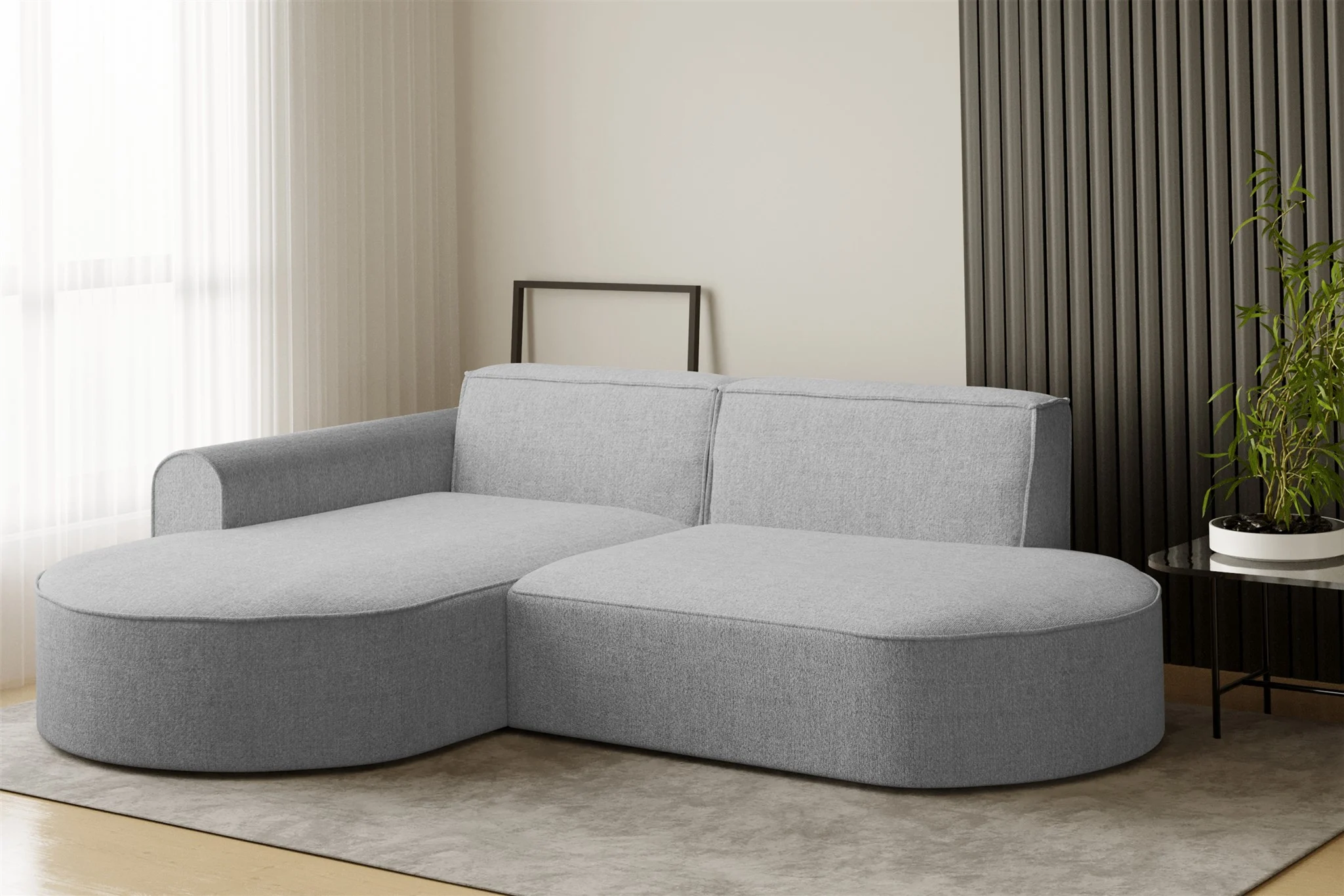 Ecksofa Designersofa BONDY in Stoff Neve Hellgrau Ottomane Links - Fun Möbel