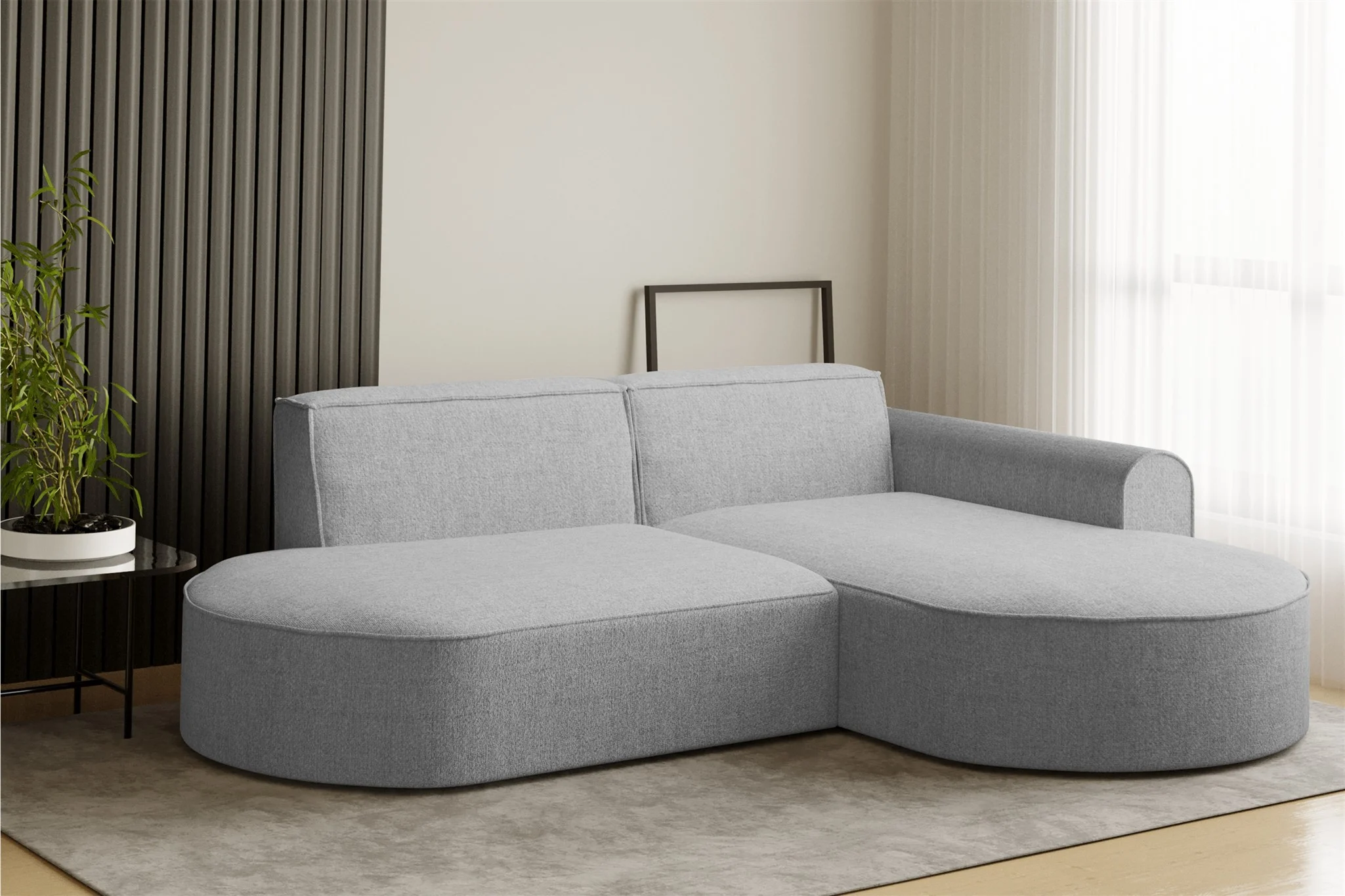 Ecksofa Designersofa BONDY in Stoff Neve Hellgrau Ottomane Rechts - Fun Möbel
