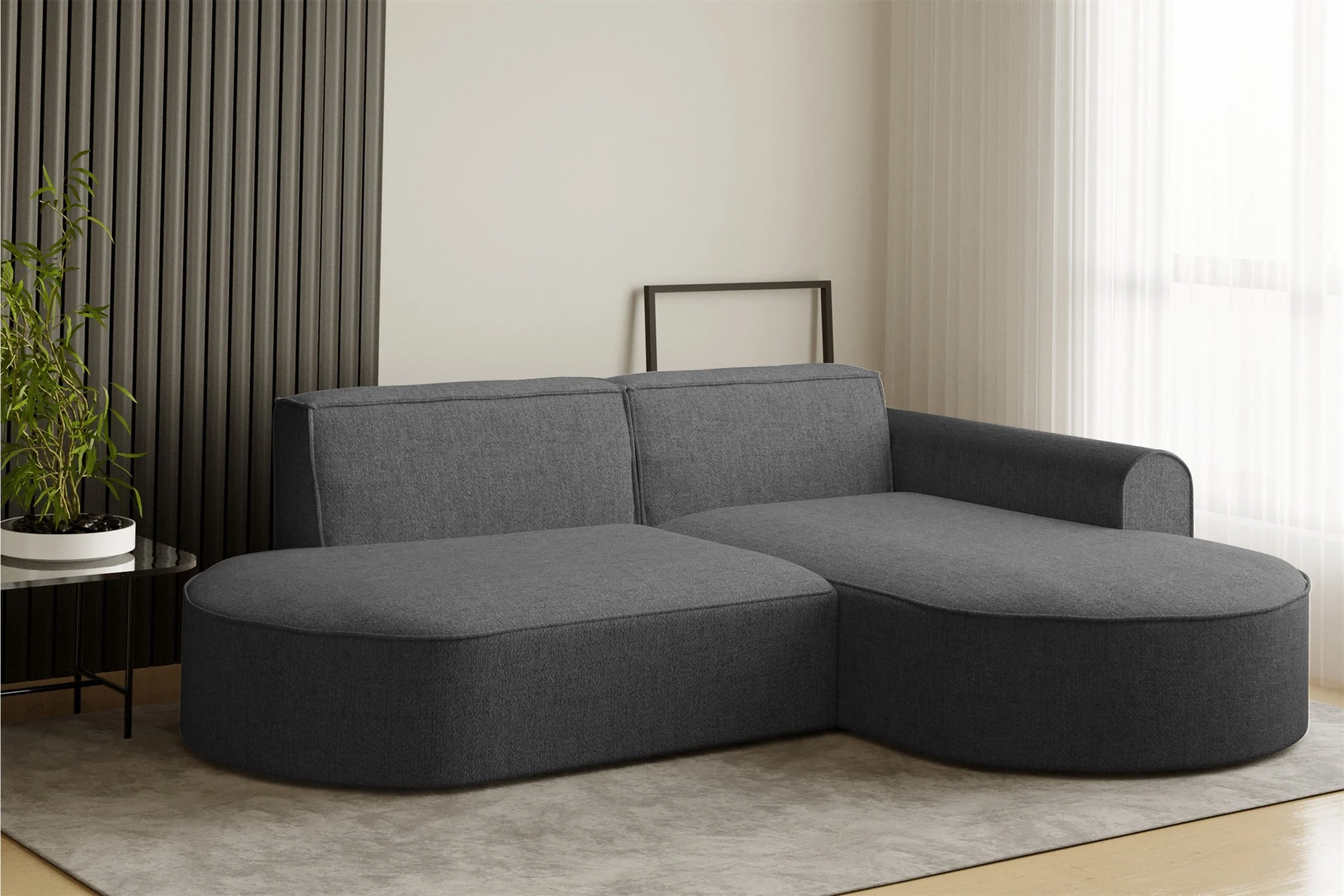 Ecksofa Designersofa BONDY in Stoff Neve Dunkelgrau Ottomane Rechts - Fun Möbel