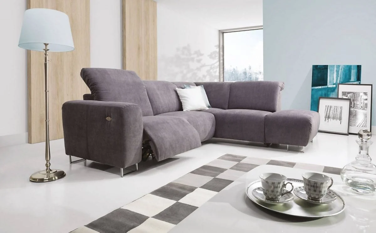 Ecksofa Sofa CAPRI Polyesterstoff Grau Ottomane Rechts - Fun Moebel