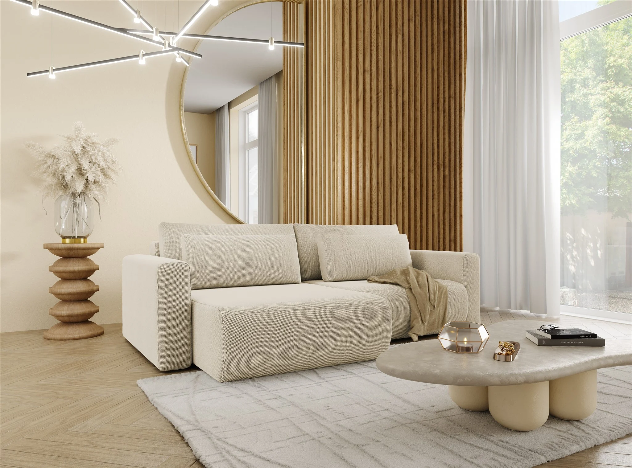 Ecksofa Sofa mit Schlaffunktion CHAIRA Stoff Curio Hellbeige Ottomane Links - Fun Möbel